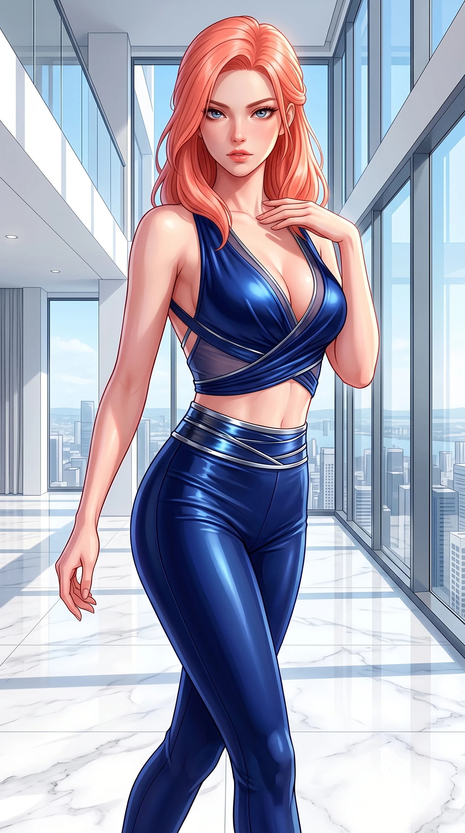 score_9, masterpiece, best quality, ultra-detailed, high-budget anime keyframe, semi-realistic 3D game render, editorial fashion photography, tasteful artistic composition, Japanese woman. close-up cowboy shot from the waist and thighs up, the character dominates the composition, filling the frame with her large presence. leaning forward with a dangerous, enticing smolder, resting one hand near her collarbone while casting a fiery, magnetic direct gaze while striding gracefully across a polished white marble penthouse floor under soaring floor-to-ceiling glass windows. The surrounding environment is rendered in vivid detail and crisp panoramic clarity. high-contrast pristine white decor and sunlit architectural lines rendered with environmental sharpness. She has an exceptionally elegant, slender, and willowy female figure with an ultra-slim waist, a gracefully sculpted slender torso, toned flat midriff, and a refined slim silhouette. sharp v-shaped jawline, high-bridge nose, intricate jewel-like eyes with depth, thick eyelashes, glossy lips with a natural sheen, flawlessly proportioned anatomical accuracy, strict slender model proportions, natural body alignment, perfectly sculpted long slender limbs, ultra-slim waistline, clean dynamic posture without body distortion. wearing a shortened cyber-fusion wrap top with transparent chiffon panels, a deep crossover neckline, and a high-waisted metallic sash that accentuates her ultra-slim waist in deep royal navy blue and specular chrome, made of liquid metal jersey that clings flawlessly to every contour of her build, complemented by criss-cross back straps highlighting her completely bare spine, the form-contouring material adhering flawlessly to her sculpted flat midriff and slender torso, emphasizing her long leg lines and perfectly proportioned willowy build. surrounded by a hyper-clean, sophisticated, and ultra-chic luxury editorial aura. highly saturated vibrant anime colors, detailed shading with soft gradients, rich glossy textures, high-contrast stereoscopic depth, volumetric dynamic lighting, master piece, 9:16 ratio
