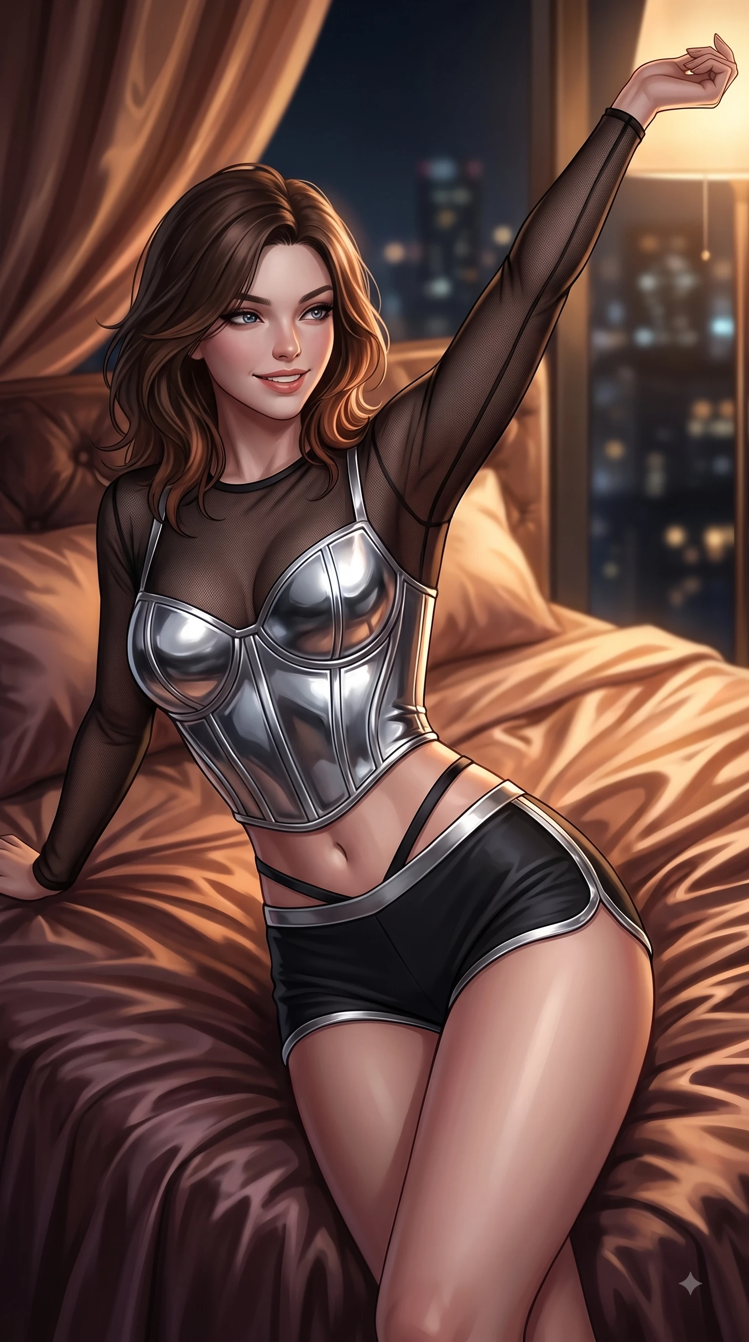 score_9, masterpiece, best quality, ultra-detailed, high-budget anime keyframe, editorial fashion photography, tasteful artistic composition, Korean woman. close-up cowboy shot from the waist and thighs up, the character dominates the composition, filling the frame with her large presence, background elements kept in soft focus. Extending one arm in an elegant stretch toward the light while smiling with magnetic self-assurance while lounging in an alluring S-curve pose on a plush silk daybed in a penthouse over city lights, crushed velvet sheets and silk drapery catching warm amber ambient lamp highlights. She has an exceptionally elegant, slender, and willowy female figure with an ultra-slim waist, a gracefully sculpted slender torso, and a refined silhouette. sharp v-shaped jawline, high-bridge nose, intricate jewel-like eyes with depth, thick eyelashes, glossy lips with a natural sheen, flawlessly proportioned anatomical accuracy, natural body alignment, perfectly sculpted elegant limbs, clean dynamic posture without body distortion. wearing a chrome-plated structured bodice worn over a sheer mesh top and micro-shorts in matte black and polished silver, crafted from smooth liquid silk, complemented by criss-cross back straps highlighting her bare shoulders, the elegant draped fit framing her graceful clavicle and slender torso. surrounded by a cozy, intimate glow with smooth high-contrast stereoscopic depth. ultra-reflective glossy finish, specular highlights, metallic sheen, high-contrast stereoscopic depth, volumetric dynamic lighting, 2k, ultra detail, master piece, 9:16 ratio