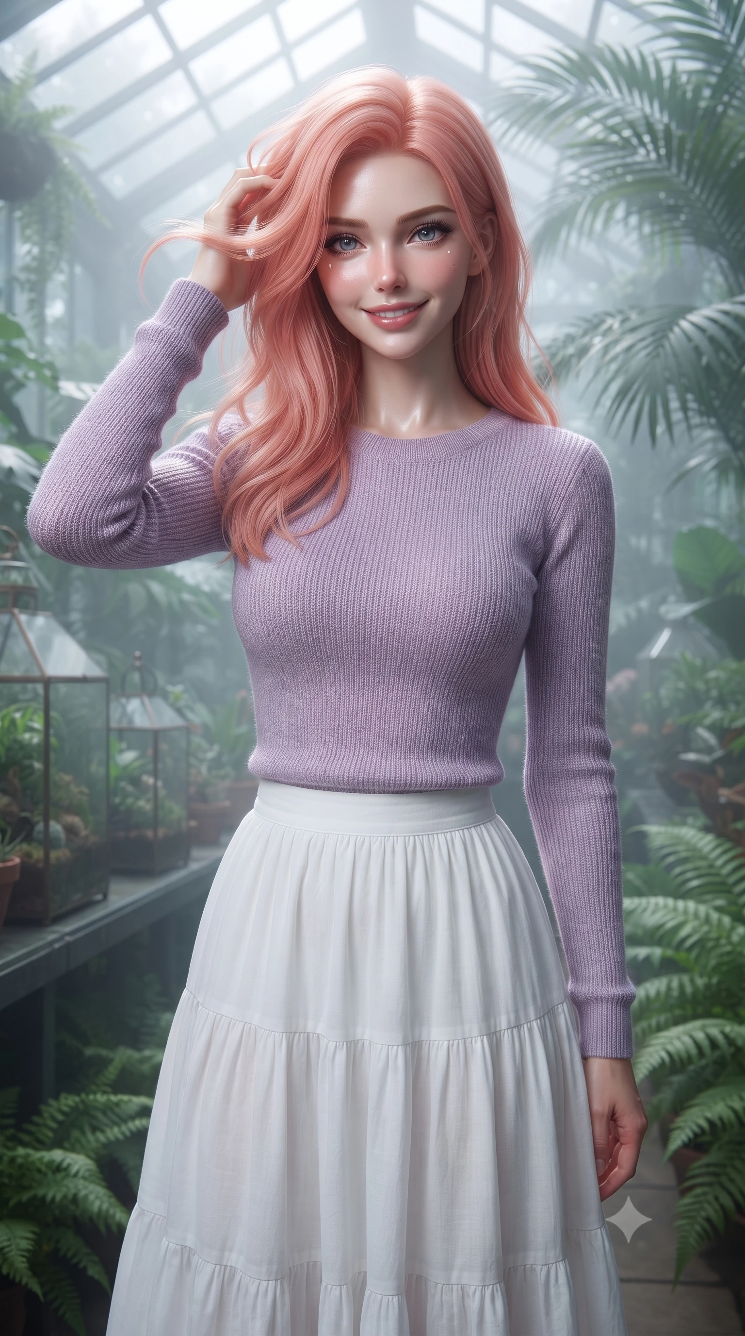 score_9, masterpiece, best quality, ultra-detailed, high-budget anime keyframe, editorial fashion photography, tasteful artistic composition, Japanese woman woman. close-up cowboy shot from the waist and thighs up, the character dominates the composition, filling the frame with her large presence, background elements kept in soft focus. smiling with quiet, magnetic self-assurance directly into the camera, running a hand through her hair the background shows a soft-focus a cozy greenhouse filled with glass terrariums, tropical palms, and soft fog. She has an exceptionally elegant, slender, and willowy female figure with an ultra-slim waist, a gracefully sculpted slender torso, and a refined silhouette. sharp v-shaped jawline, high-bridge nose, intricate jewel-like eyes with depth, thick eyelashes, glossy lips with a natural sheen. wearing a slim-fit comfortable lavender knit sweater paired with a flowy white cotton maxi skirt. soft silver starlight filtering through the glass ceiling, creating a cool ambient atmosphere. ultra-reflective glossy finish, specular highlights, metallic sheen, high-contrast stereoscopic depth, volumetric dynamic lighting, 2k, ultra detail, master piece, 9:16 ratio