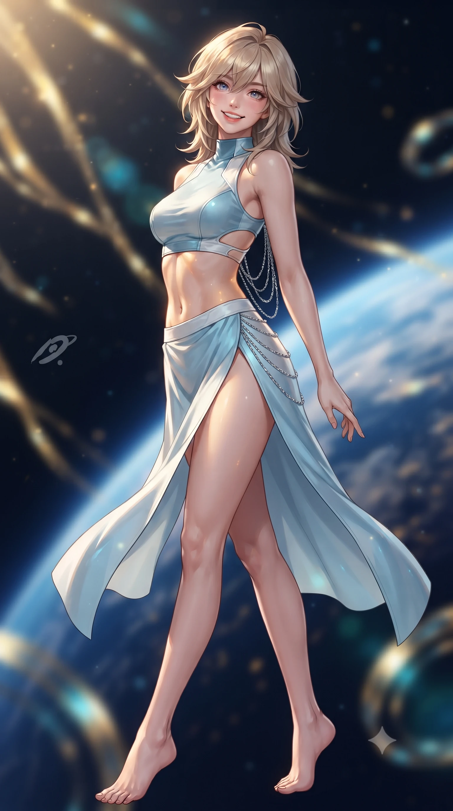 score_9, masterpiece, best quality, ultra-detailed, high-budget anime keyframe, editorial fashion photography, tasteful artistic composition, Japanese woman. low angle full-body shot from head to toe showing her feet, filling the entire 9:16 vertical frame with her statuesque presence, stretching her vertical silhouette. executing a slow, graceful pivot turn as her skirt sways around her slender legs, glancing back with an enchanting, teasing sensual expression while twisting her slender torso in an alluring S-curve, intense solar radiation filters painting golden highlights across her flat midriff and hips. The background shows a soft-focus shimmering golden solar wind streamers, curving atmospheric blue limb of Earth, and spinning quantum sensor rings blurred into gold, cyan, and deep sapphire bokeh. She has an exceptionally tall and slender model-like 8.5-heads proportion, an ultra-slim waist, a flat toned midriff, narrow delicate ribcage, and beautifully sculpted feminine hips creating a graceful, slim hourglass silhouette without any bulky heaviness, with impossibly long slender legs. sharp v-shaped jawline, high-bridge nose, intricate jewel-like sparkling eyes with depth, thick eyelashes, glossy parted lips with a natural peach sheen, bright cheerful beaming smile with an enchanting and coquettish sensual glint, exuding both youthful cute charm and seductive allure, flawlessly proportioned anatomical accuracy, strict slender model proportions, natural body alignment, perfectly sculpted long slender limbs, ultra-slim waistline, clean dynamic posture without body distortion. wearing an alluring tactical crop top with asymmetrical side-rib cutouts and high-neck collar paired with a high-slit wrap skirt in arctic cryo-glacier ice blue and platinum white, made of fluid liquid jersey with seamless sculpting hold and smooth contours, accented with an open-back drape framed by falling strands of delicate chrome chains, the bespoke structured tailoring following the natural line of her 8.5-heads silhouette with refined elegance. illuminated by Earth albedo reflection bounce and intense solar-gold rim lights defining her razor-sharp jawline, narrow waist, and curvy hips. ultra-reflective glossy finish, specular highlights, rich textural contrasts, high-contrast stereoscopic depth, volumetric dynamic lighting, 2k, ultra detail, master piece, 9:16 ratio