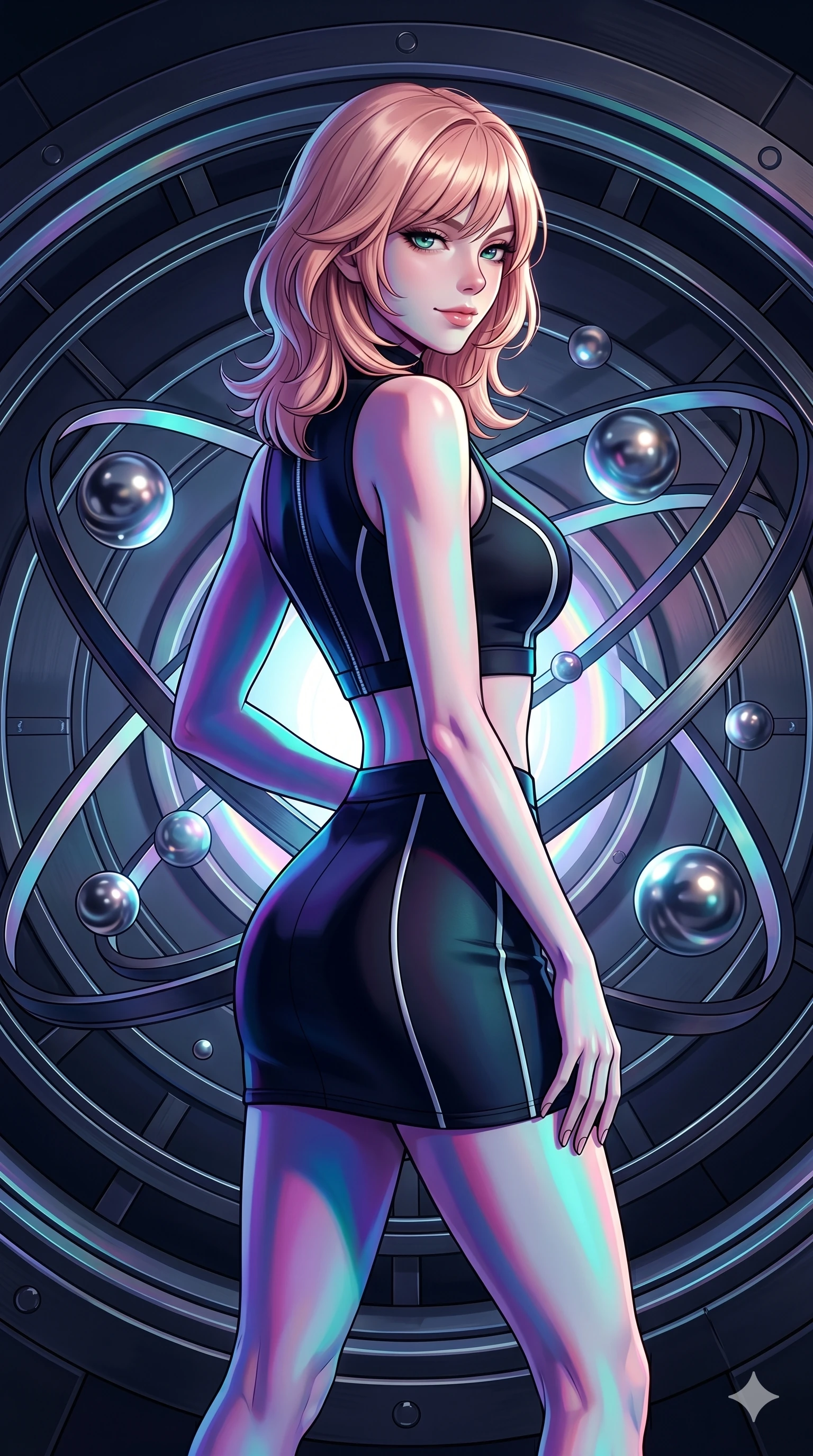 score_9, masterpiece, best quality, ultra-detailed, high-budget anime keyframe, editorial fashion photography, tasteful artistic composition, Japanese woman. cowboy shot from the thighs up, character and outfit filling the frame for maximum editorial presence. Glancing sidelong over her shoulder with a smoldering half-smile within a circular vault where metal spheres float and spin around a central light. She has an absolutely perfect 8-heads proportion, an exceptionally tall and slender female figure with impossibly long slender legs and an ultra-slim waist. V-shaped jawline, high-bridge nose, intricate jewel-like eyes with depth, thick eyelashes, glossy lips with a natural sheen. wearing a black neoprene crop top with white piping and a front zip, paired with a matching high-waist neoprene mini skirt. lit by high-contrast holographic projection lighting with vivid colored shadows that define her form. 2k, ultra detail, master piece, 9:16 ratio
