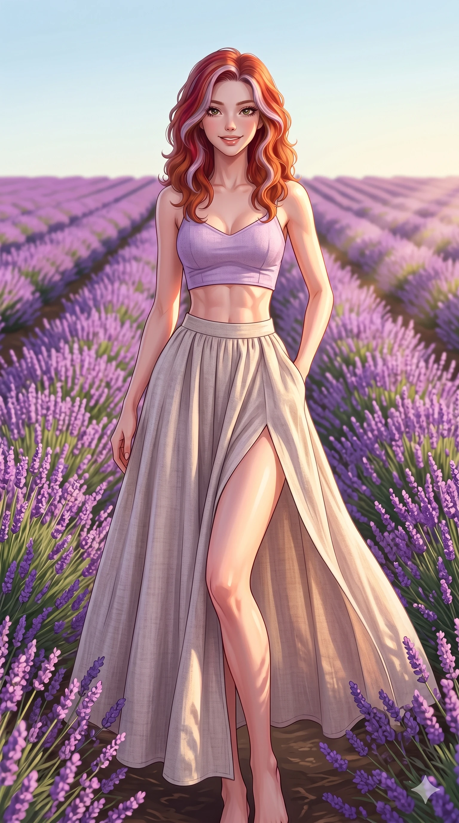 score_9, masterpiece, best quality, ultra-detailed, high-budget anime keyframe, editorial fashion photography, tasteful artistic composition, Caucasian woman, strictly human ears. cowboy shot from the thighs up, character and outfit filling the frame for maximum editorial presence. smiling happily with quiet, magnetic charm, looking directly into the camera standing in a lavender garden under a clear sunny sky. She has an absolutely perfect 8-heads proportion, an exceptionally tall and slender female figure with impossibly long slender legs and an ultra-slim waist. V-shaped jawline, high-bridge nose, intricate jewel-like eyes with depth, thick eyelashes, glossy lips with a natural sheen. wearing a lavender crop top showing her delicately sculpted midriff, and a split linen skirt. bathed in warm afternoon sunbeams creating soft, warm highlights on her skin. 2k, ultra detail, master piece, 9:16 ratio