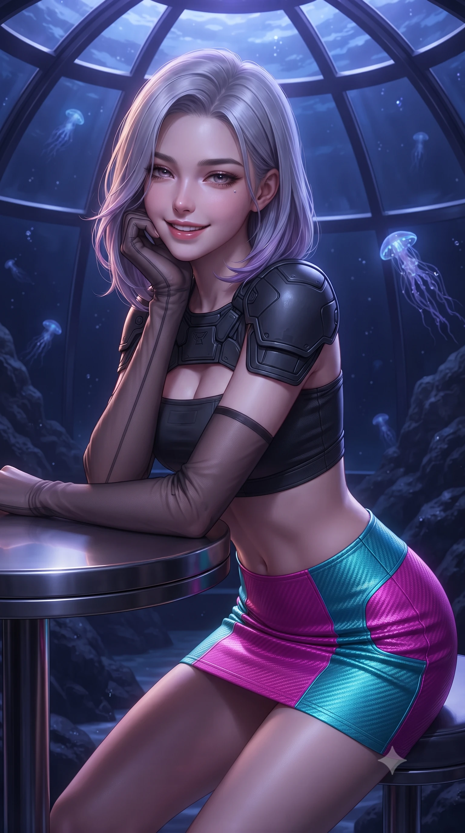 score_9, masterpiece, best quality, ultra-detailed, high-budget anime keyframe, editorial fashion photography, tasteful artistic composition, Caucasian woman. close-up cowboy shot from the waist and thighs up, the character dominates the composition, filling the frame with her large presence. resting one elbow on the table and supporting her chin, leaning close to the camera with heavy-lidded sparkling eyes and parted lips while standing poised beneath the massive reinforced acrylic dome at the ocean floor of Europa, arching her spine with mysterious siren elegance as alien bioluminescent siphonophores drift through ink-black waters. The surrounding environment is rendered in vivid detail and crisp panoramic clarity: sharp reinforced titanium dome ribs, crystal-clear thick acrylic segments, and deep-ocean volcanic rock textures in deep focus. She has an exceptionally elegant, slender, and willowy female figure with an ultra-slim waist, flat toned midriff, narrow ribcage, and sculpted feminine hips creating an alluring, slim hourglass silhouette without bulk. sharp v-shaped jawline, high-bridge nose, intricate jewel-like sparkling eyes with depth, thick eyelashes, glossy parted lips with a natural peach sheen, bright cheerful beaming smile with an enchanting and coquettish sensual glint, exuding both youthful cute charm and seductive allure, flawlessly proportioned anatomical accuracy, strict slender model proportions, natural body alignment, perfectly sculpted long slender limbs, ultra-slim waistline, clean dynamic posture without body distortion. wearing an ultra-cropped tactical tech-wear bandeau top with molded shoulder armor paired with a micro mini skirt revealing her flat toned midriff in Kowloon neon magenta and electric teal, woven from structured carbon-fiber jacquard with rich textural depth, complemented by sheer opera-length evening gloves tracing her slender arms, the second-skin tailored fabric adhering flawlessly to her sculpted flat midriff and slender torso, emphasizing her long leg lines and perfectly proportioned willowy build. bathed in deep ocean blue-violet ambient light mixed with warm 2200K golden geothermal vent radiance. ultra-reflective glossy finish, specular highlights, rich textural contrasts, high-contrast stereoscopic depth, volumetric dynamic lighting, 2k, ultra detail, master piece, 9:16 ratio