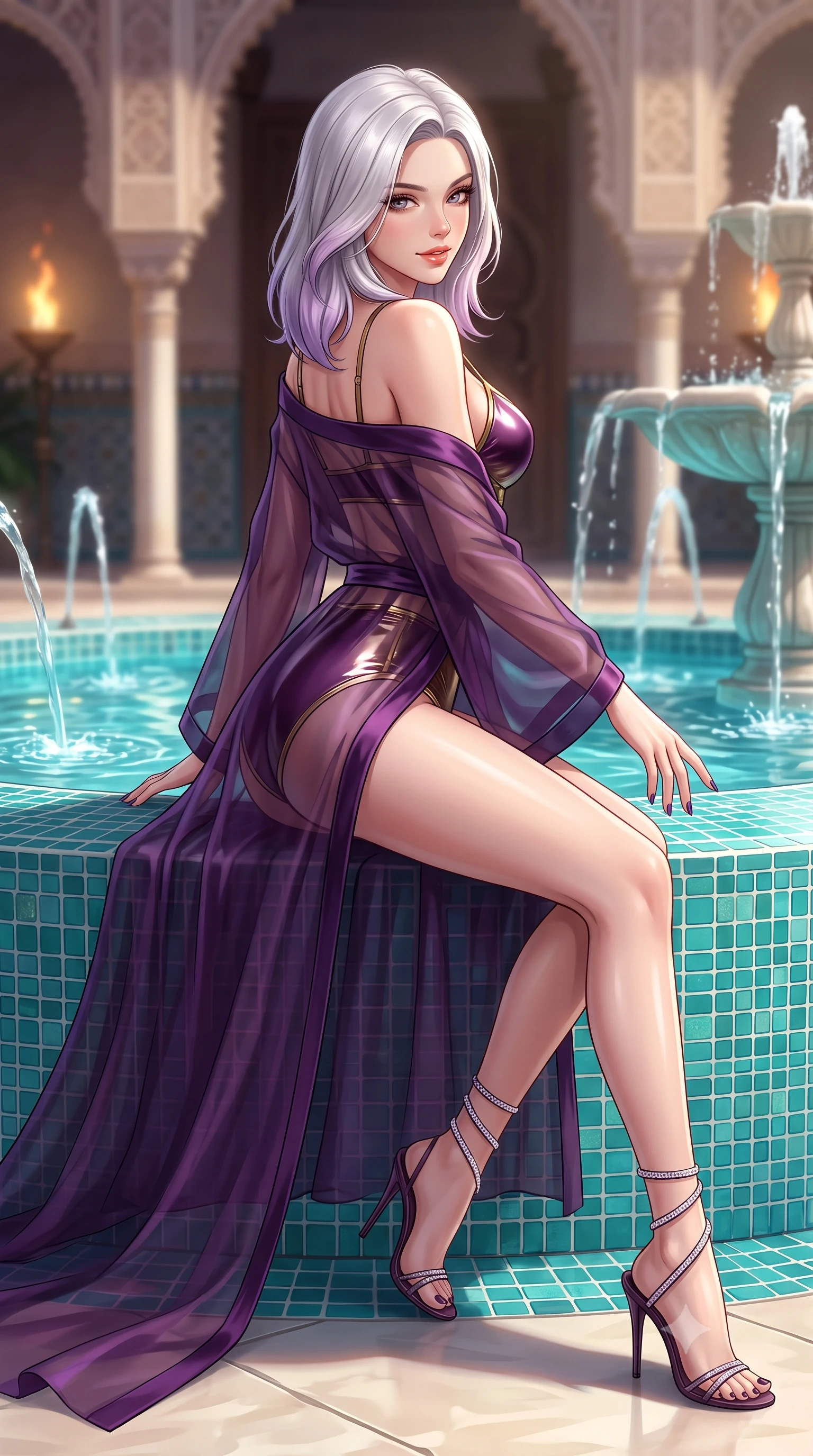 score_9, masterpiece, best quality, ultra-detailed, high-budget anime keyframe, semi-realistic 3D game render, editorial fashion photography, tasteful artistic composition, Caucasian woman. low angle full-body shot from head to toe showing her feet, filling the entire 9:16 vertical frame with her statuesque presence, stretching her vertical silhouette. walking along the terrace with poise, looking back over her bare shoulder with an irresistible smoldering bedroom-gaze while sitting poised on the turquoise mosaic fountain rim with legs crossed, dipping one manicured hand in the pool with sovereign aristocratic cool. The background shows a soft-focus bubbling fountain water spouts softened in royal Moorish palace shallow focus. She has an absolutely perfect, statuesque 8.5-heads proportion, an exceptionally tall and slender model-like female figure with impossibly long slender legs, an ultra-slim waist, a flat toned midriff, narrow delicate ribcage, and beautifully sculpted feminine hips creating a graceful, slim hourglass silhouette without any bulky heaviness. sharp v-shaped jawline, high-bridge nose, sparkling eyes with hypnotic seductive depth, thick curled eyelashes, glossy parted lips with a natural dewy peach sheen, alluring bedroom-eyes with an enchanting coquettish smile, exuding magnetic siren charisma and sophisticated glamour, flawlessly proportioned anatomical accuracy, strict slender model proportions, natural body alignment, perfectly sculpted long slender limbs, ultra-slim waistline, clean dynamic posture without body distortion. wearing a sheer organza modern kimono robe worn loose and slipping off bare shoulders over a matching satin bralette and high-waisted briefs in rich dark plum violet and gilded antique brass, crafted from wet-look high-gloss vinyl fabric with dazzling specular surface reflections, complemented by strappy stiletto sandals with crystal ankle wraps accentuating her slender calves, the second-skin tailored fabric adhering flawlessly to her sculpted flat midriff and slender torso, emphasizing her long leg lines and perfectly proportioned willowy build. bathed in the warm dynamic flicker of real outdoor oil torches combined with turquoise submerged pool downlighting. highly saturated vibrant anime colors, detailed shading with soft gradients, rich glossy textures, high-contrast stereoscopic depth, volumetric dynamic lighting, master piece, 9:16 ratio