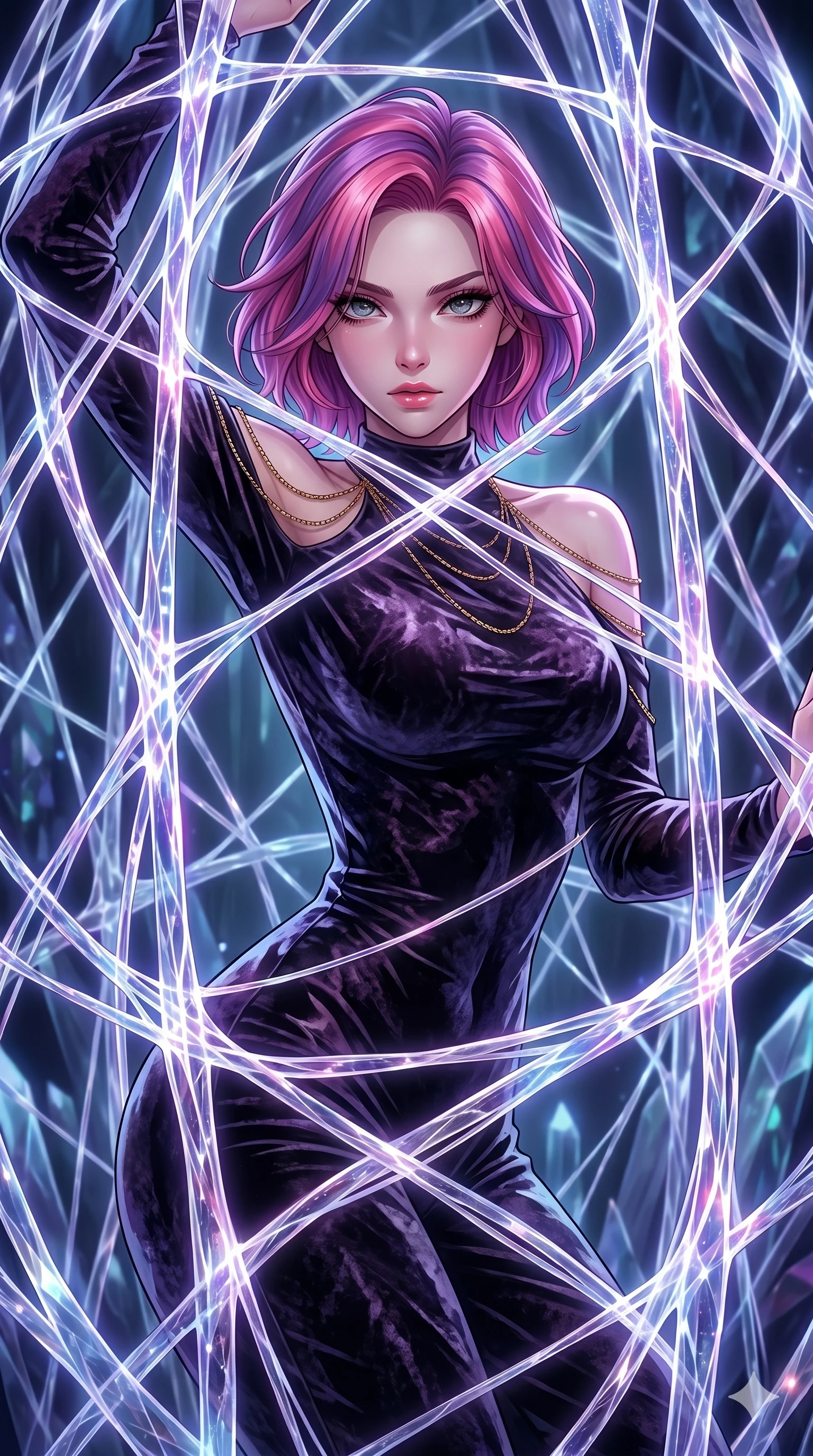 score_9, masterpiece, best quality, ultra-detailed, High-budget Anime Keyframe, East Asian woman. Dynamic full-body shot stretching the vertical silhouette to the limit. Scenario 52: Trapped in a cage of glowing crystalline fibers, body pressing against the bars. Her presence is magnetic and overpowering in this high-budget anime scene. Outfit 52: A crushed dark velvet second with a low-cut shoulder and fine gold chains. The clothing is designed to emphasize her exceptionally tall and slender 8-heads proportion. 8-heads proportion, towering silhouette, ultra-slim waist. sharp v-shaped jawline, intricate jewel-like eyes with depth, thick eyelashes, glossy lips. 2k, ultra detail, master piece, 9:16 ratio