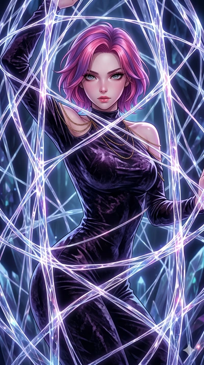 score_9, masterpiece, best quality, ultra-detailed, High-budget Anime Keyframe, East Asian woman. Dynamic full-body shot stretching the vertical silhouette to the limit. Scenario 52: Trapped in a cage of glowing crystalline fibers, body pressing agai