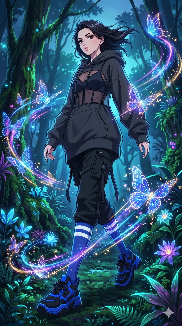 score_9, masterpiece, best quality, ultra-detailed, High-budget Anime Keyframe, vibrant colors, fluid line-art, expressive lighting, cinematic composition, Ufotable-style visual effects, top-tier animation quality, Japanese woman with delicate and elegant anime-inspired features. Dynamic full-body shot stretching the vertical silhouette, capturing her from a powerful low-angle perspective. Surrounded by a swarm of digital butterflies that leave trails of neon dust. She has an absolutely perfect 8-heads proportion, an exceptionally tall and slender female figure with impossibly long slender legs and an ultra-slim waist, her statuesque height and towering silhouette dominating the vertical 9:16 frame. Her face is a masterpiece featuring a sharp v-shaped jawline, high-bridge nose, intricate jewel-like eyes with depth, thick eyelashes, and glossy lips with a natural sheen. She is wearing a Oversized designer hoodie worn as a dress, paired with technical cargo joggers, a sheer corset top, and platform sneakers with knee-high socks.. The scene is set in a bioluminescent jungle where every leaf and flower glows with a unique frequency. 2k, ultra detail, master piece, 9:16 ratio
