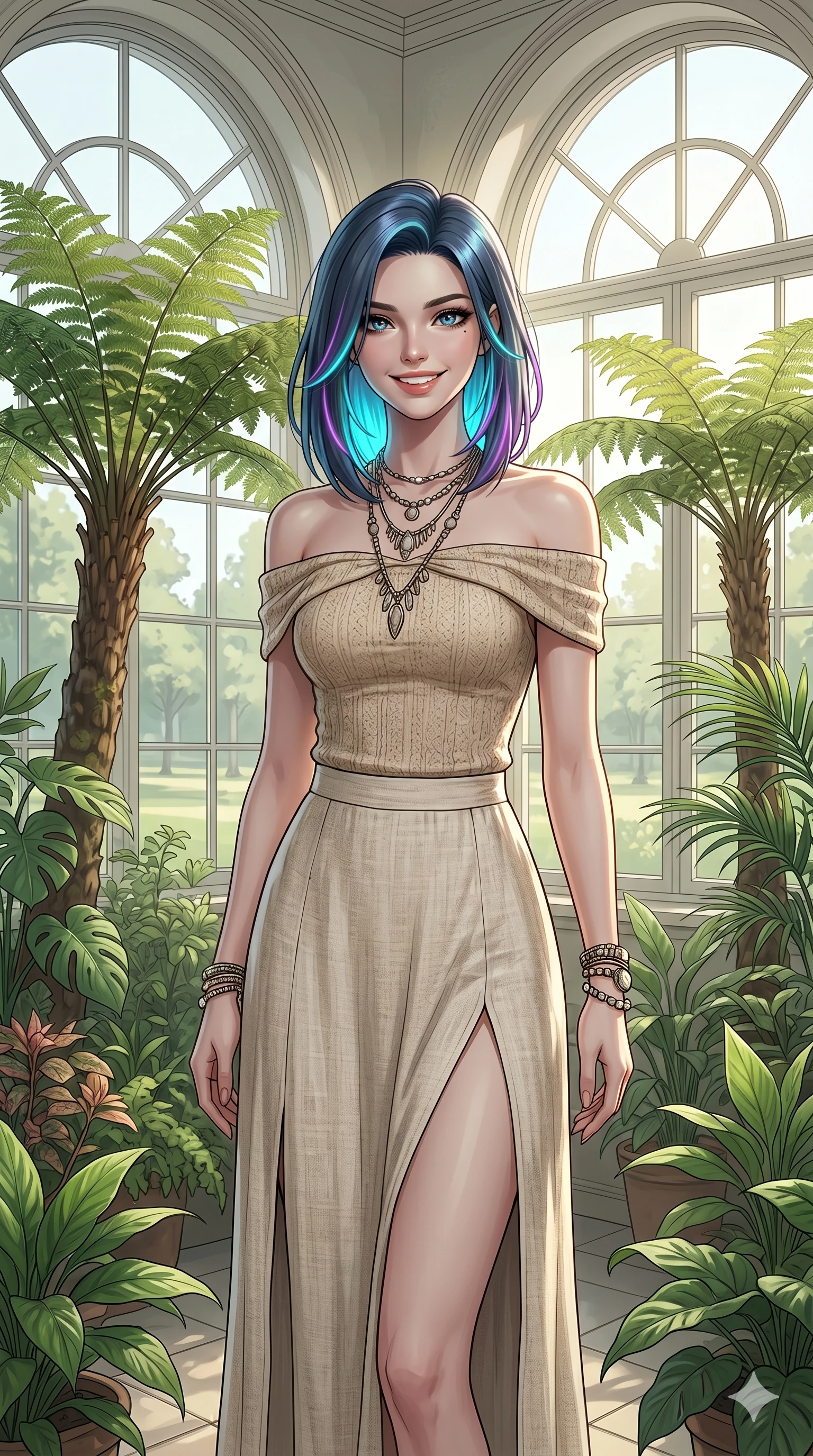 score_9, masterpiece, best quality, ultra-detailed, high-budget anime keyframe, editorial fashion photography, tasteful artistic composition, Caucasian woman, strictly human ears. cowboy shot from the thighs up, character and outfit filling the frame for maximum editorial presence. looking at the camera with a bright, cheerful smile, her shoulders relaxed inside a botanical museum corner with large arched windows. She has an absolutely perfect 8-heads proportion, an exceptionally tall and slender female figure with impossibly long slender legs and an ultra-slim waist. V-shaped jawline, high-bridge nose, intricate jewel-like eyes with depth, thick eyelashes, glossy lips with a natural sheen. wearing a beige off-shoulder top showing her elegant clavicle lines, and a split linen skirt. drenched in morning sunlight casting a soft, clean glow over her skin. 2k, ultra detail, master piece, 9:16 ratio