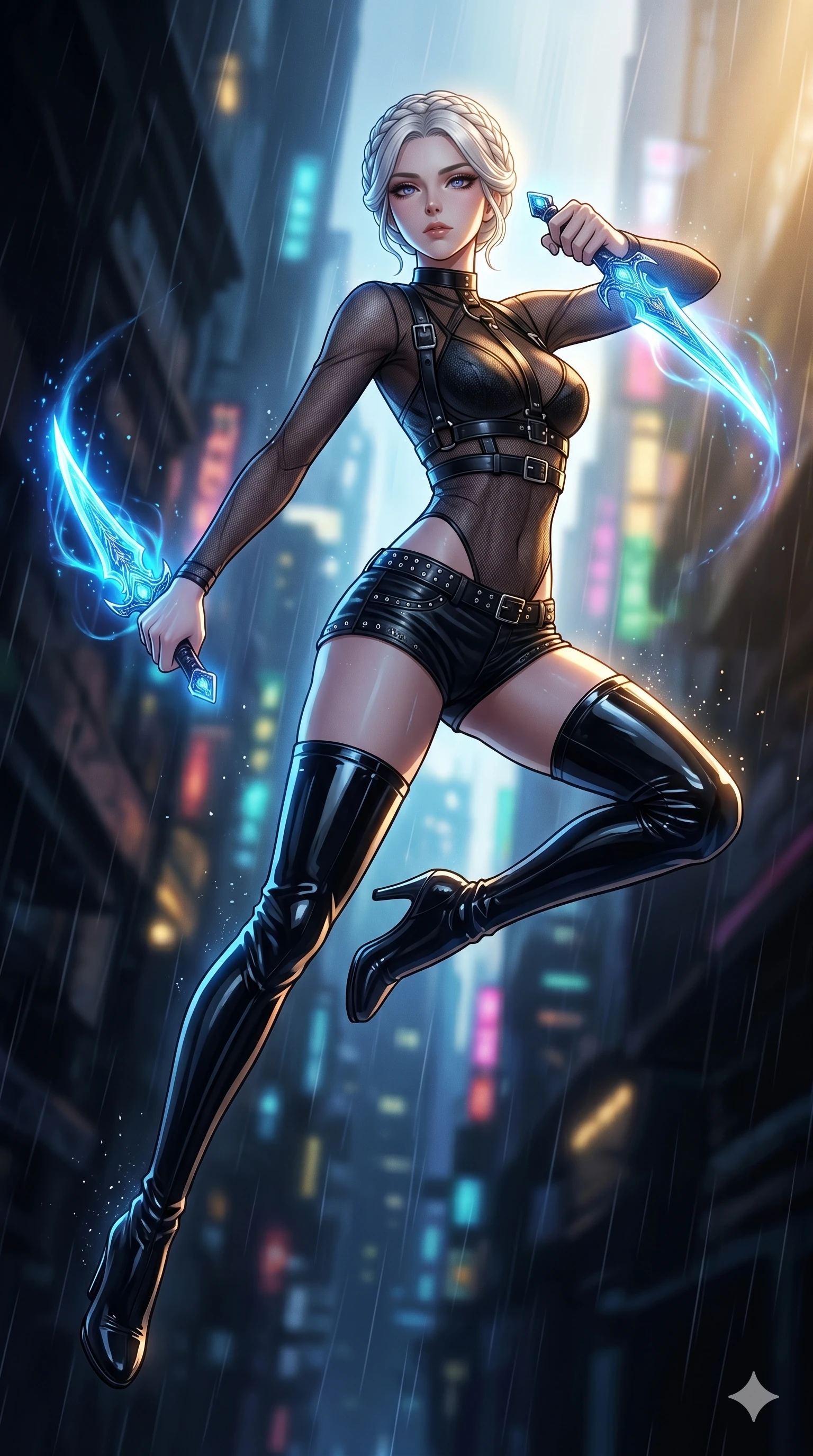 score_9, masterpiece, best quality, ultra-detailed, high-budget anime movie keyframe, cinematic anime lighting, intricate line art, Japanese woman. Mid-air action shot capturing a graceful twist and vertical silhouette. lunging from the shadows with a pair of glowing daggers. She has an absolutely perfect 8-heads proportion, an exceptionally tall and slender female figure with an ultra-slim waist and impossibly long slender legs. strictly human anatomy, two legs only, no extra limbs, clearly defined legs and arms, perfect anatomy, perfect hands and fingers. sharp v-shaped jawline, high-bridge nose, intricate jewel-like eyes, thick eyelashes, glossy lips. Wearing K-Idol Stage: Leather harness over mesh, high-cut bodysuit, studded micro-shorts, and thigh-high patent boots. The scene is illuminated by dramatic atmospheric lighting and vibrant color palettes. , 2k, ultra detail, master piece, 9:16 ratio