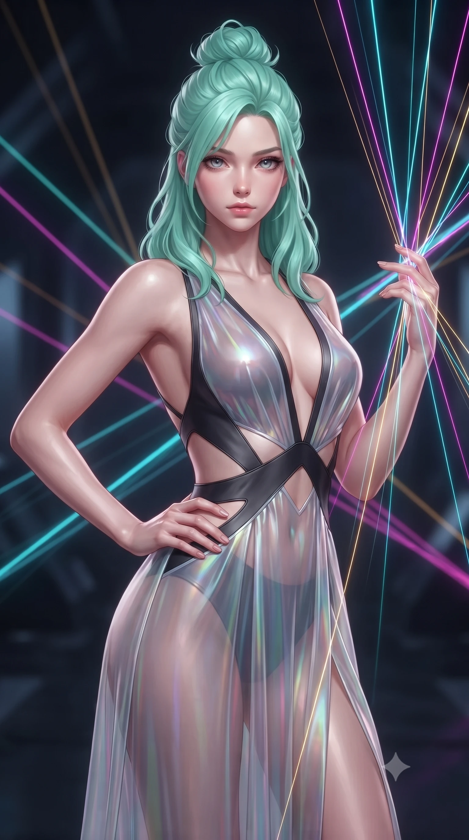 score_9, masterpiece, best quality, ultra-detailed, high-budget anime keyframe, editorial fashion photography, tasteful artistic composition, Japanese woman. close-up cowboy shot from the waist and thighs up, the character dominates the composition, filling the frame with her large presence, background elements kept in soft focus. Holding a confident power pose with one hand on her hip, gazing directly into the camera with quiet intensity touching a cluster of luminescent filament threads casting brilliant lattice beams, fluorescent cyan, magenta, and gold light threads crossing in 3D space. She has an exceptionally elegant, slender, and willowy female figure with an ultra-slim waist, a gracefully sculpted slender torso, and a refined silhouette. sharp v-shaped jawline, high-bridge nose, intricate jewel-like eyes with depth, thick eyelashes, glossy lips with a natural sheen. wearing a translucent iridescent chiffon gown with a plunging neckline and open back in matte black and polished silver, woven from fine semi-opaque sheer organza, featuring subtle geometric cutouts that highlight her ultra-slim midriff, the form-contouring material highlighting her ultra-slim waist and long lines. surrounded by a vibrant fluorescent aura with bright rim highlights. ultra-reflective glossy finish, specular highlights, metallic sheen, high-contrast stereoscopic depth, volumetric dynamic lighting, 2k, ultra detail, master piece, 9:16 ratio