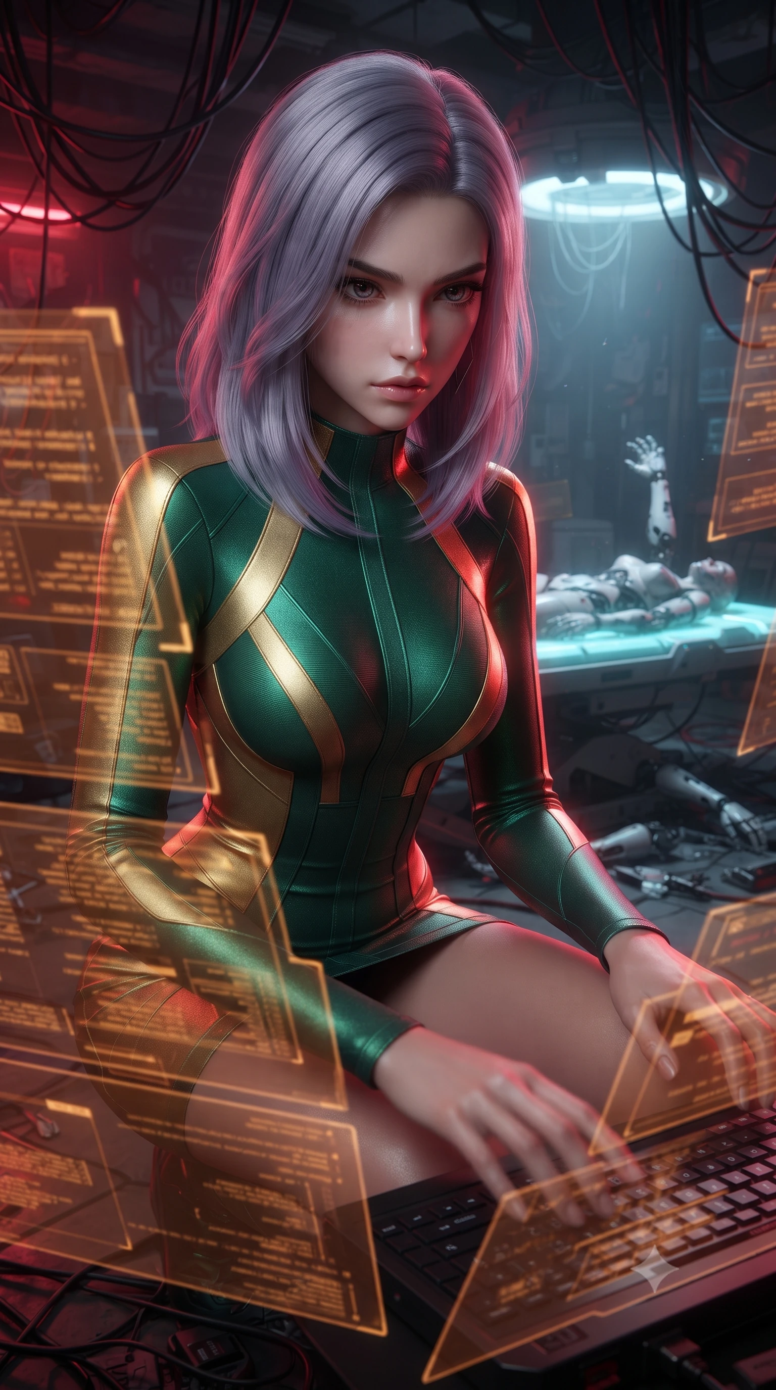 score_9, masterpiece, best quality, ultra-detailed, high-budget anime keyframe, editorial fashion photography, tasteful artistic composition, realistic cosplay photography, Caucasian woman, strictly human ears. close-up cowboy shot from the waist and thighs up, the character dominates the composition, filling the frame with her large presence, background elements kept in soft focus. Hacking a security terminal in a low crouch, fingers moving in a blur as amber code screens surround her. set against a soft-focus background of a cluttered underground cyberware clinic, wires hanging from the ceiling and broken android arms scattered near a glowing operating table. She has an exceptionally elegant and slender, willowy female figure with an ultra-slim waist, a gracefully sculpted slender torso, and a refined slim physique. sharp v-shaped jawline, high-bridge nose, intricate jewel-like eyes with depth, thick eyelashes, glossy lips with a natural sheen. wearing tailored for maximum mobility, sleek form-contouring panels that allow fluid movement, a form-contouring precision-cut bandage dress in a striking emerald and gold pattern, contouring and highlighting her slender hourglass waist. deep crimson theatrical lighting with sharp specular highlights on every curve. ultra-reflective glossy finish, specular highlights, metallic sheen, high-contrast stereoscopic depth, volumetric dynamic lighting, 2k, ultra detail, master piece, 9:16 ratio