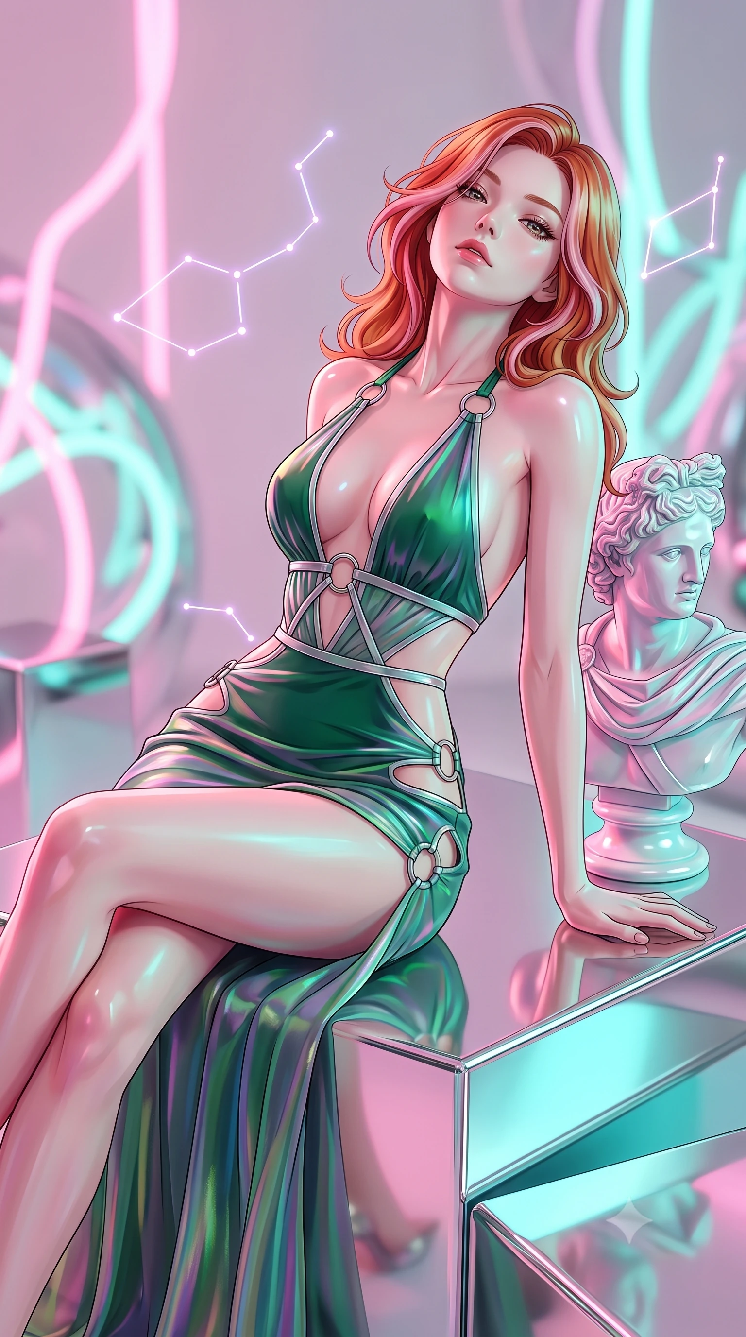 score_9, masterpiece, best quality, ultra-detailed, high-budget anime keyframe, editorial fashion photography, tasteful artistic composition, Caucasian woman. close-up cowboy shot from the waist and thighs up, the character dominates the composition, filling the frame with her large presence, background elements kept in soft focus. Tilting her chin up with an air of effortless superiority while balancing dynamically amidst the scene while lounging dynamically on a chrome platform beside a classical marble bust statue in neon light, glowing neon constellation lines floating in the air with vintage elegancy. She has an exceptionally elegant, slender, and willowy female figure with an ultra-slim waist, a gracefully sculpted slender torso, and a refined silhouette. sharp v-shaped jawline, high-bridge nose, intricate jewel-like eyes with depth, thick eyelashes, glossy lips with a natural sheen, flawlessly proportioned anatomical accuracy, natural body alignment, perfectly sculpted elegant limbs, clean dynamic posture without body distortion. wearing a deep-scoop halter bodycon dress with hip cutouts connected by silver rings in deep emerald green and silver accent, crafted from iridescent chiffon that shifts colors in the light, featuring subtle geometric cutouts that highlight her ultra-slim midriff, the glove-like fit emphasizing her statuesque silhouette during motion. bathed in soft pastel pink and turquoise neon glow with glossy chrome reflections. highly saturated vibrant anime colors, detailed shading with soft gradients, rich glossy textures, high-contrast stereoscopic depth, volumetric dynamic lighting, master piece, 9:16 ratio
