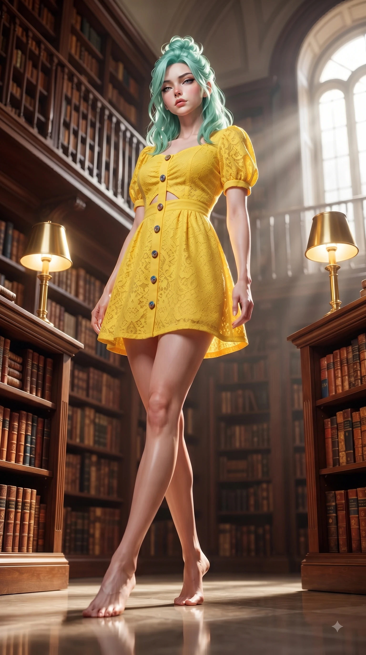 score_9, masterpiece, best quality, ultra-detailed, high-budget anime keyframe, editorial fashion photography, tasteful artistic composition, Japanese woman. low angle full-body shot from head to toe showing her feet, filling the entire 9:16 vertical frame with her statuesque presence, stretching her vertical silhouette. Haughty, chic expression with a poised chin-tilt and an aloof, magnetic gaze commanding attention while pivoting dynamically in a multi-story book hall flanked by golden brass lamps. The composition keeps background elements in soft focus with dreamy bokeh. thousands of vintage leather book spines blurred into a rich mahogany and amber bokeh. She has an absolutely perfect, statuesque 8.5-heads proportion, an exceptionally tall and slender model-like female figure with impossibly long slender legs and an ultra-slim waist. sharp v-shaped jawline, high-bridge nose, intricate jewel-like eyes with depth, thick eyelashes, glossy lips with a natural sheen, flawlessly proportioned anatomical accuracy, natural body alignment, perfectly sculpted elegant limbs, clean dynamic posture without body distortion. wearing a bright canary yellow cotton sundress with short puff sleeves and wooden buttons in electric cobalt blue and polished silver accent, made of fine lace weave and soft satin jersey, complemented by clean architectural seams and subtle cutouts, the chic fashion cut framing her graceful clavicle and slender torso. bathed in dramatic volumetric sunbeams streaming through tall arched windows. ultra-reflective glossy finish, specular highlights, metallic sheen, high-contrast stereoscopic depth, volumetric dynamic lighting, 2k, ultra detail, master piece, 9:16 ratio