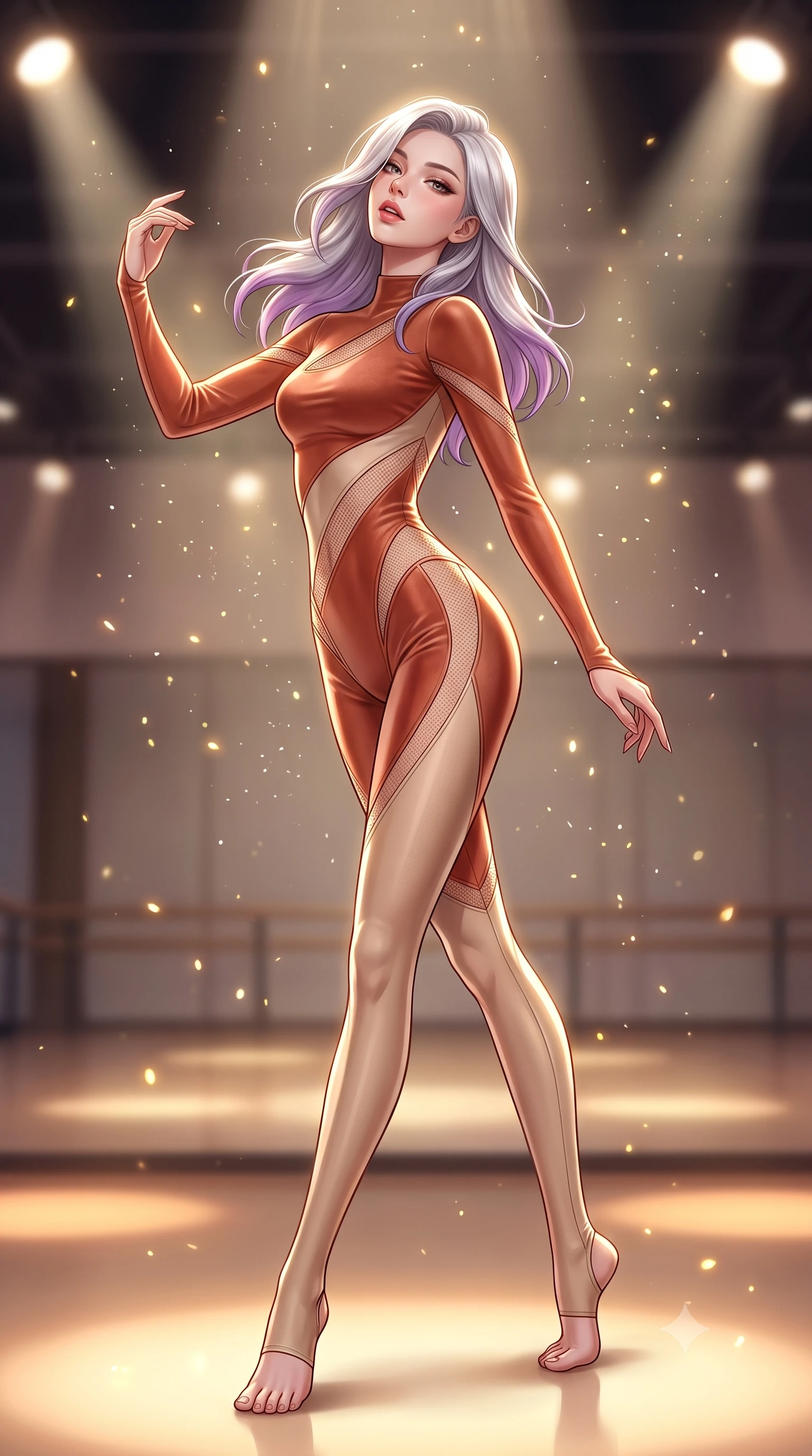 score_9, masterpiece, best quality, ultra-detailed, high-budget anime keyframe, semi-realistic 3D game render, editorial fashion photography, tasteful artistic composition, Caucasian woman. low angle full-body shot from head to toe showing her feet, filling the entire 9:16 vertical frame with her statuesque presence, stretching her vertical silhouette. executing an elegant mid-motion pivot turn as garments swirl around her slender limbs, glancing over her shoulder with an intoxicating bedroom-gaze while reclining on the dance studio floor propped up on one hip, head tilted back in ecstasy with parted lips as warm spotlights trace her silhouette. The composition keeps background elements in soft focus with creamy bokeh. floating micro-chalk particles and spotlight beams scattering luminous golden light motes. She has an absolutely perfect, statuesque 8.5-heads proportion, an exceptionally tall and slender model-like female figure with impossibly long slender legs, a toned flat midriff, an ultra-slim waist, and beautifully sculpted feminine hips. sharp v-shaped jawline, high-bridge nose, intricate jewel-like eyes with depth, thick eyelashes, glossy parted lips with a natural sheen, intensely captivating and seductive bedroom-eyes expression, flawlessly proportioned anatomical accuracy, strict slender model proportions, natural body alignment, perfectly sculpted long slender limbs, ultra-slim waistline, clean dynamic posture without body distortion. wearing a sculptured velvet dance unitard with diagonal mesh cutouts tracing her midriff and hip in warm terracotta and oatmeal beige, made of seamless compression knit with anatomical body-contouring support, finished with high-cut leg elastic bands defining her long leg lines, the glove-like aerodynamic silhouette tightly following the natural contour of her hips and long slender legs with statuesque precision. bathed in warm floor-level uplighting and dramatic overhead theatrical spotlights. highly saturated vibrant anime colors, detailed shading with soft gradients, rich glossy textures, high-contrast stereoscopic depth, volumetric dynamic lighting, master piece, 9:16 ratio