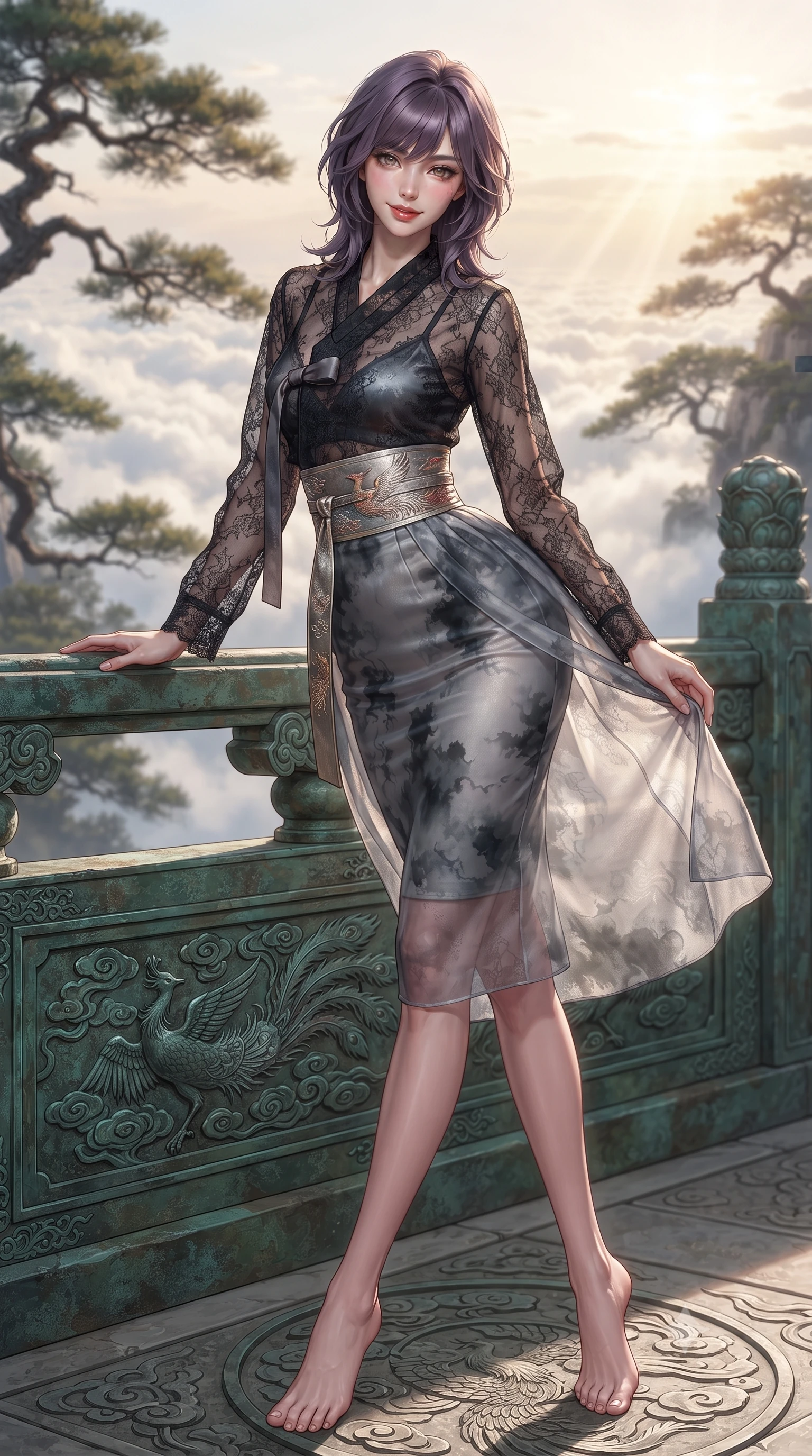 score_9, masterpiece, best quality, ultra-detailed, high-budget anime keyframe, editorial fashion photography, tasteful artistic composition, Japanese woman. low angle full-body shot from head to toe showing her feet, filling the entire 9:16 vertical frame with her statuesque presence, stretching her vertical silhouette. standing in a tall, confident posture with one hand on the carved palace railing, stretching her statuesque body as she arches her lower back to emphasize her sculpted feminine hips and slender waist while twisting her slender torso in an alluring S-curve as mountain breezes sculpt her flowing silk gown against her narrow waist and curvy hips. The background shows a soft-focus twisted ancient Huangshan pine canopies softened in legendary ink-painting shallow focus. She has an absolutely perfect, statuesque 8.5-heads proportion, an exceptionally tall and slender model-like female figure with impossibly long slender legs, an ultra-slim waist, a flat toned midriff, narrow delicate ribcage, and beautifully sculpted feminine hips creating a graceful, slim hourglass silhouette without any bulky heaviness. sharp v-shaped jawline, high-bridge nose, intricate jewel-like dark sparkling almond eyes with depth, thick lashes, glossy parted lips with a natural rose-plum sheen, bright alluring and coquettish smile with bedroom-eyes, exuding both timeless oriental elegance and sovereign high-fashion allure, flawlessly proportioned anatomical accuracy, strict slender model proportions, natural body alignment, perfectly sculpted long slender limbs, ultra-slim waistline, clean dynamic posture without body distortion. wearing a sheer black lace jeogori worn over an opaque dark silk bralette with an ultra-fitted high-waisted pencil skirt in misty ink-wash slate grey and liquid silver, tailored from sheer gossamer silk organza with an airy weightless flutter, finished with a wide metallic obi sash with intricate embroidered phoenix motifs, the glove-like silhouette tightly following the natural contour of her hips and long slender legs with youthful 8.5-heads elegance. bathed in glorious golden hour sunrise rays breaking over the vast sea of clouds. ultra-reflective glossy finish, specular highlights, rich textural contrasts, high-contrast stereoscopic depth, volumetric dynamic lighting, 2k, ultra detail, master piece, 9:16 ratio