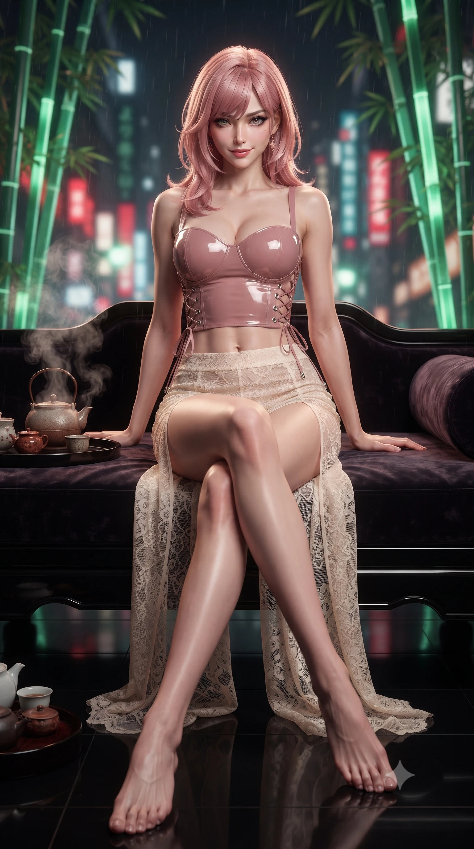 score_9, masterpiece, best quality, ultra-detailed, high-budget anime keyframe, editorial fashion photography, tasteful artistic composition, Japanese woman. low angle full-body shot from head to toe showing her feet, filling the entire 9:16 vertical frame with her statuesque presence, stretching her vertical silhouette. lounging on the lavish daybed with legs crossed and hips angled toward the camera, displaying her toned midriff and long slender limbs with effortless siren poise while twisting her slender torso in an alluring contrapposto stance, rising tea steam and rainy neon skyscraper reflections framing her curves. The background shows a soft-focus glowing green laser bamboo poles, rainy Shinjuku neon skyscrapers outside, and curling ceramic tea steam blurred into jade, crimson, and charcoal bokeh. She has an absolutely perfect, statuesque 8.5-heads proportion, an exceptionally tall and slender model-like female figure with impossibly long slender legs, an ultra-slim waist, a flat toned midriff, narrow delicate ribcage, and beautifully sculpted feminine hips creating a graceful, slim hourglass silhouette without any bulky heaviness. sharp v-shaped jawline, high-bridge nose, sparkling eyes with hypnotic seductive depth, thick curled eyelashes, glossy parted lips with a natural dewy peach sheen, alluring bedroom-eyes with an enchanting coquettish smile, exuding magnetic siren charisma and sophisticated glamour, flawlessly proportioned anatomical accuracy, strict slender model proportions, natural body alignment, perfectly sculpted long slender limbs, ultra-slim waistline, clean dynamic posture without body distortion. wearing a wet-look form-fitting vinyl bustier paired with sheer chiffon high-slit wide-leg trousers in dusky blush pink and warm ivory lace, crafted from wet-look high-gloss vinyl fabric with dazzling specular surface reflections, featuring fine criss-cross lace-up side ties revealing tantalizing glimpses of her hip curve, the liquid-tight tailored fabric clinging flawlessly to her narrow waist and rounded feminine hips, emphasizing every millimeter of her sculpted slim hourglass curves without any bulky heaviness. illuminated by lacquer floor reflection bounce and sharp warm-gold rim lights sculpting her jawline, ultra-slim waist, and curvy hips. ultra-reflective glossy finish, specular highlights, rich textural contrasts, high-contrast stereoscopic depth, volumetric dynamic lighting, 2k, ultra detail, master piece, 9:16 ratio