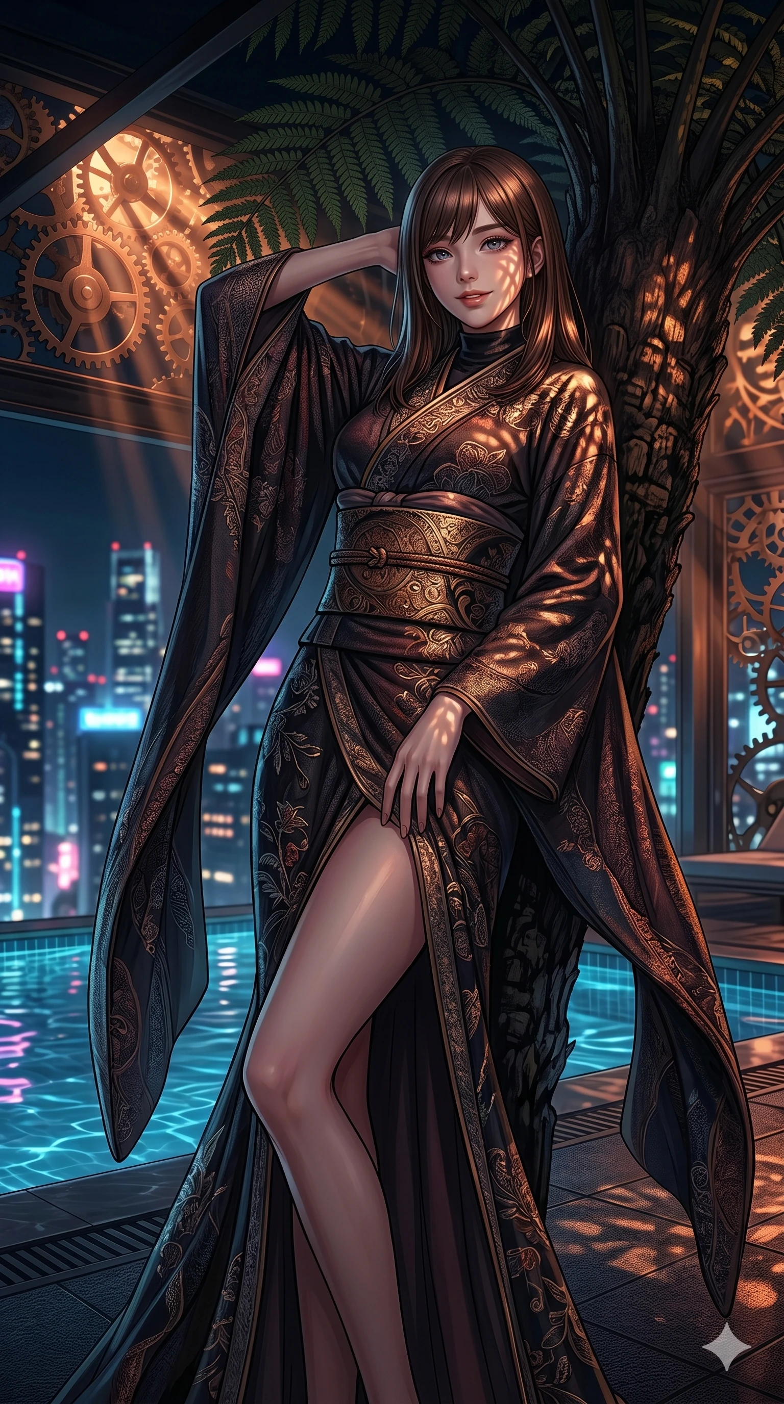 score_9, masterpiece, best quality, ultra-detailed, high-budget anime keyframe, editorial fashion photography, tasteful artistic composition, Korean woman. cowboy shot from the thighs up, character and outfit filling the frame for maximum editorial presence. leaning back against a massive fern trunk, her lips parted slightly in a confident smile on a private rooftop pool terrace overlooking a neon city at night (Code-P17-032). She has an absolutely perfect 8-heads proportion, an exceptionally tall and slender female figure with impossibly long slender legs and an ultra-slim waist. V-shaped jawline, high-bridge nose, intricate jewel-like eyes with depth, thick eyelashes, glossy lips with a natural sheen. wearing a modern high-neck fusion kimono with long sleeves and a wide obi. amber and copper light rays refracting through the gears, creating deep dramatic shadows. 2k, ultra detail, master piece, 9:16 ratio