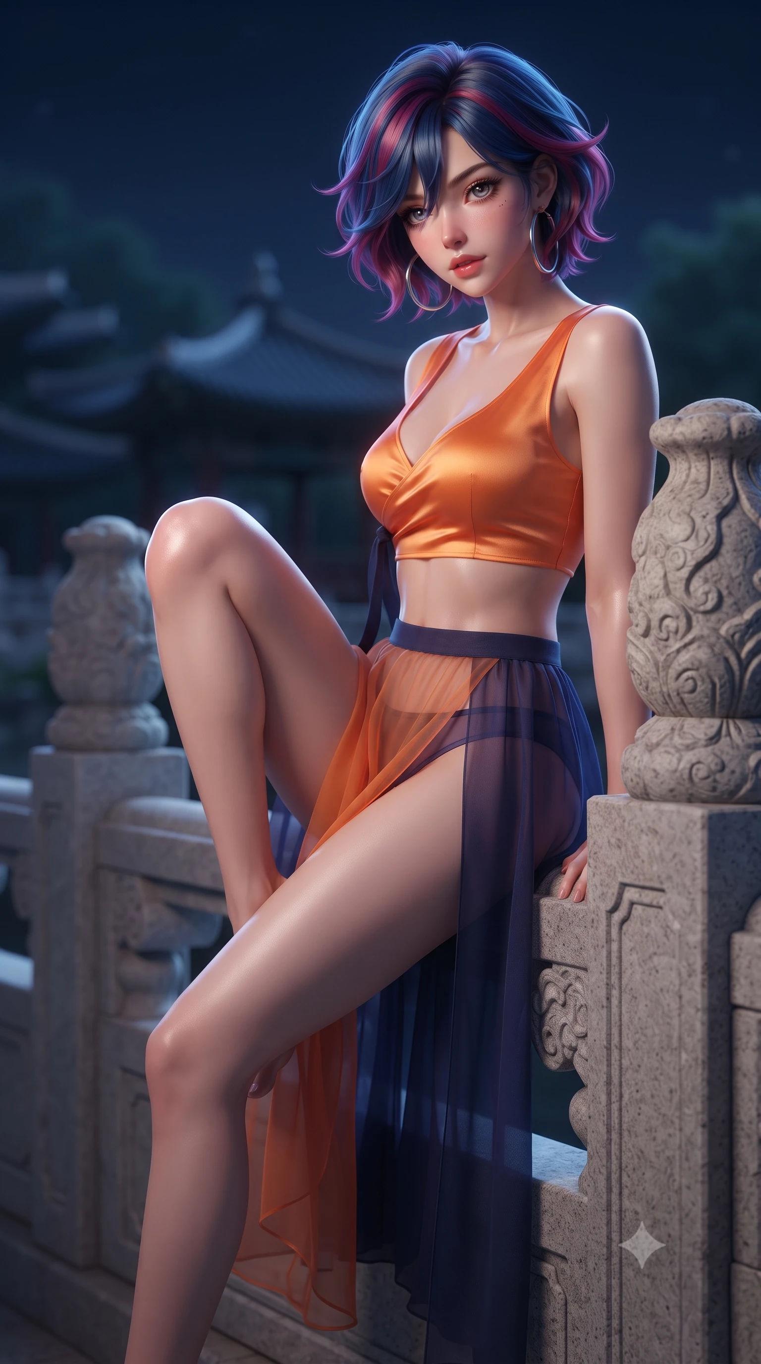score_9, masterpiece, best quality, ultra-detailed, high-budget anime keyframe, editorial fashion photography, tasteful artistic composition, Korean woman. close-up cowboy shot from the waist and thighs up, the character dominates the composition, filling the frame with her large presence. perched sideways on the lounge seat, one knee drawn up to showcase her slender leg line while her arched back accentuates her feminine hip curve while leaning against the carved stone bridge balustrade with hips cocked back, looking into the camera with an irresistible bedroom-gaze. The background shows a soft-focus curved pavilion roofs in the distance softened in dreamy nocturnal landscape shallow focus. She has an exceptionally elegant, slender, and willowy female figure with an ultra-slim waist, flat toned midriff, narrow ribcage, and sculpted feminine hips creating an alluring, slim hourglass silhouette without bulk. sharp v-shaped jawline, high-bridge nose, sparkling eyes with hypnotic seductive depth, thick curled eyelashes, glossy parted lips with a natural dewy peach sheen, alluring bedroom-eyes with an enchanting coquettish smile, exuding magnetic siren charisma and sophisticated glamour, flawlessly proportioned anatomical accuracy, strict slender model proportions, natural body alignment, perfectly sculpted long slender limbs, ultra-slim waistline, clean dynamic posture without body distortion. wearing a plunging sweetheart-neckline silk jeogori crop top paired with an ultra-high-slit translucent chima wrap skirt and satin briefs in sunset tangerine orange and deep navy indigo, made of sheer gossamer chiffon that drapes softly against skin with airy translucence, accented with oversized polished chrome hoop earrings catching the ambient neon glow, the form-contouring silhouette accentuating her sculpted flat midriff, narrow delicate ribcage, and gracefully curvy hips with intoxicating allure. illuminated by aquatic reflection bounce and sharp silvery rim lighting defining her razor-sharp jawline, narrow waist, and curvy hips. ultra-reflective glossy finish, specular highlights, rich textural contrasts, high-contrast stereoscopic depth, volumetric dynamic lighting, 2k, ultra detail, master piece, 9:16 ratio