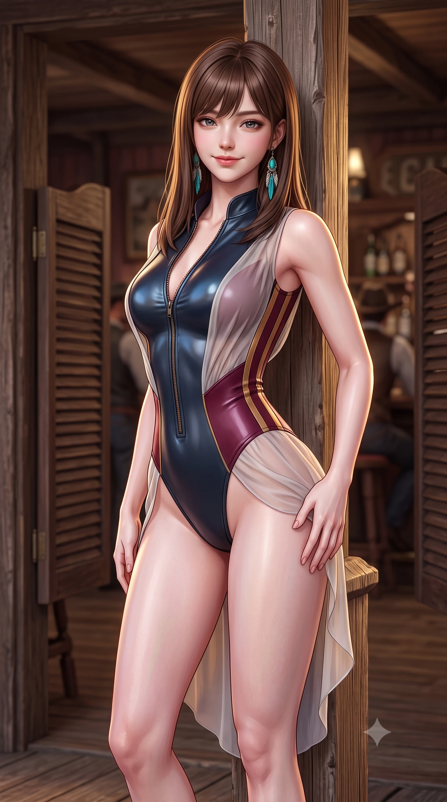 score_9, masterpiece, best quality, ultra-detailed, high-budget anime keyframe, semi-realistic 3D game render, editorial fashion photography, tasteful artistic composition, Korean woman. close-up cowboy shot from the waist and thighs up, the character dominates the composition, filling the frame with her large presence. tilting her head with a teasing half-smile, running one hand slowly down the side of her hip in a flirtatious S-curve as ambient light caresses her silhouette while standing poised between the saloon porch timber pillars with hips cocked back, arching her spine with seductive gunslinger allure. The background shows a soft-focus vintage saloon swinging louver doors softened in authentic western shallow focus. She has an exceptionally elegant, slender, and willowy female figure with an ultra-slim waist, flat toned midriff, narrow ribcage, and sculpted feminine hips creating an alluring, slim hourglass silhouette without bulk. sharp v-shaped jawline, high-bridge nose, sparkling eyes with hypnotic seductive depth, thick curled eyelashes, glossy parted lips with a natural dewy peach sheen, alluring bedroom-eyes with an enchanting coquettish smile, exuding magnetic siren charisma and sophisticated glamour, flawlessly proportioned anatomical accuracy, strict slender model proportions, natural body alignment, perfectly sculpted long slender limbs, ultra-slim waistline, clean dynamic posture without body distortion. wearing a form-contouring wet-look neoprene zip-front surfing bodysuit with high-cut leg openings and racing side stripes in smoky bordeaux wine and gilded copper, made of sheer gossamer chiffon that drapes softly against skin with airy translucence, accented with turquoise and silver bohemian feather earrings swaying near her bare neck, the glove-like clinging cut tightly following the natural contour of her hips and long slender legs with youthful 8.5-heads elegance. illuminated by boardwalk wood reflection bounce and sharp golden rim lights defining her razor-sharp jawline, flat midriff, and curvy hips. highly saturated vibrant anime colors, detailed shading with soft gradients, rich glossy textures, high-contrast stereoscopic depth, volumetric dynamic lighting, master piece, 9:16 ratio