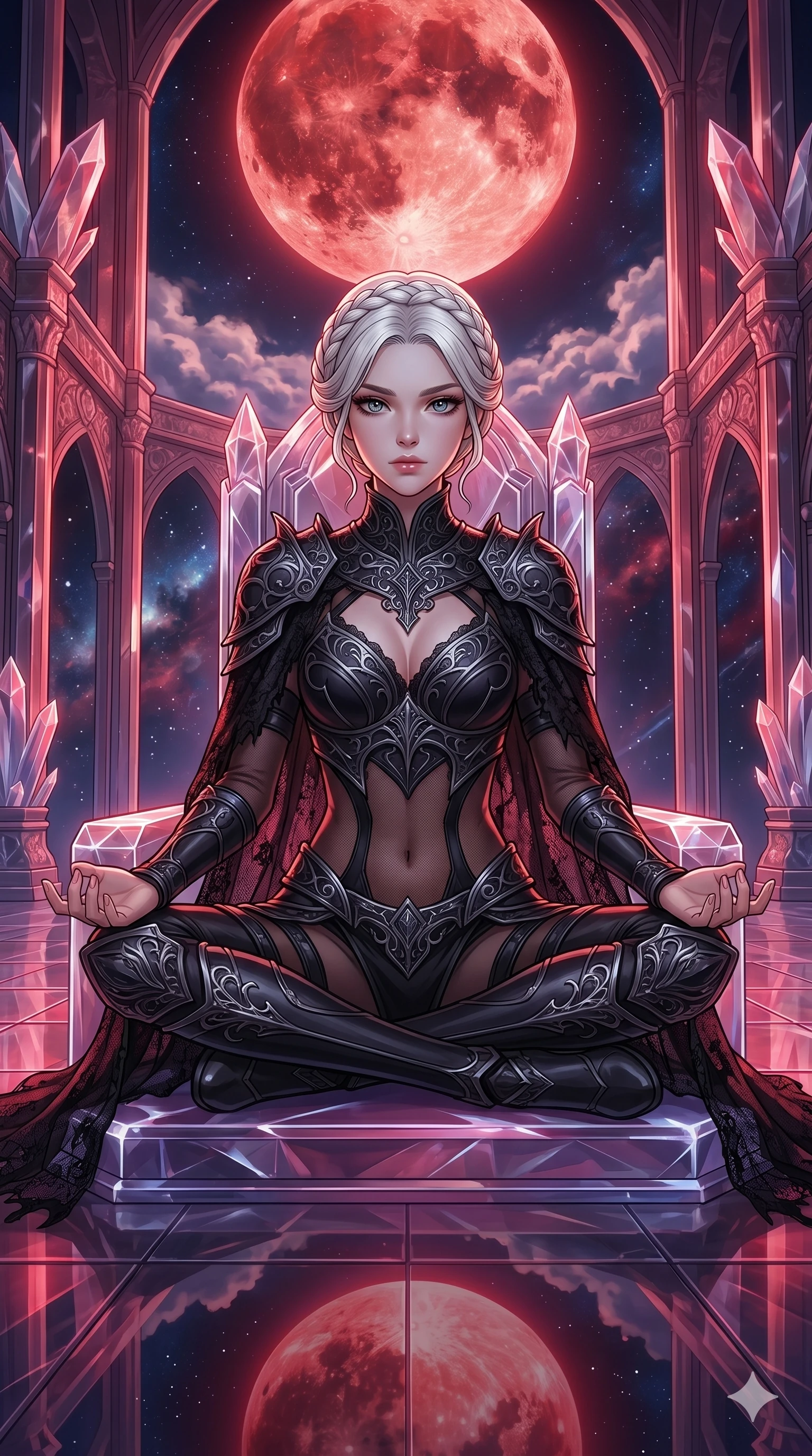 score_9, masterpiece, best quality, ultra-detailed, high-budget anime movie keyframe, cinematic anime lighting, intricate line art, Caucasian (strictly human ears) woman. Upper body filling screen focusing on her alluring features and slim-fit silhouette. meditating peacefully in a crystal palace above the clouds under a blood moon. She has an absolutely perfect 8-heads proportion, an exceptionally tall and slender female figure with an ultra-slim waist and impossibly long slender legs. sharp v-shaped jawline, high-bridge nose, intricate jewel-like eyes, thick eyelashes, glossy lips. Wearing dark fantasy gothic leather armor with ornate obsidian plates, a tattered lace cape, and sheer mesh cut-outs at the midriff, exuding a mysterious allure. The scene is illuminated by dramatic atmospheric lighting and vibrant color palettes. , 2k, ultra detail, master piece, 9:16 ratio