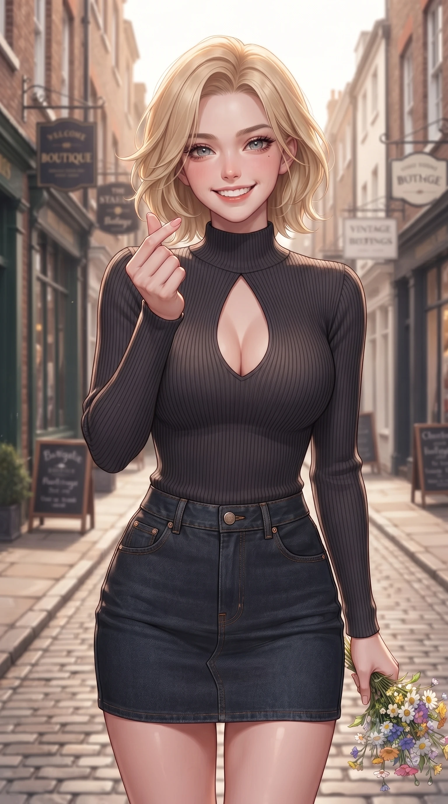 score_9, masterpiece, best quality, ultra-detailed, high-budget anime keyframe, editorial fashion photography, tasteful artistic composition, Caucasian woman. close-up cowboy shot from the waist and thighs up, the character dominates the composition, filling the frame with her large presence, background elements kept in soft focus. flashing a bright, sunny grin, holding her fingers in a cute small heart shape set against a soft-focus background of walking along a historic street lined with brick boutiques and vintage signs holding a small bouquet of fresh flowers bought from a street vendor. She has an exceptionally elegant, slender, and willowy female figure with an ultra-slim waist, a gracefully sculpted slender torso, and a refined silhouette. sharp v-shaped jawline, high-bridge nose, intricate jewel-like eyes with depth, thick eyelashes, glossy lips with a natural sheen. wearing tailored form-contouring ribbed knit top with a plunging keyhole cutout, paired with a dark denim mini skirt. soft morning sun rays painting the street in a fresh, energetic gold tone. ultra-reflective glossy finish, specular highlights, metallic sheen, high-contrast stereoscopic depth, volumetric dynamic lighting, 2k, ultra detail, master piece, 9:16 ratio