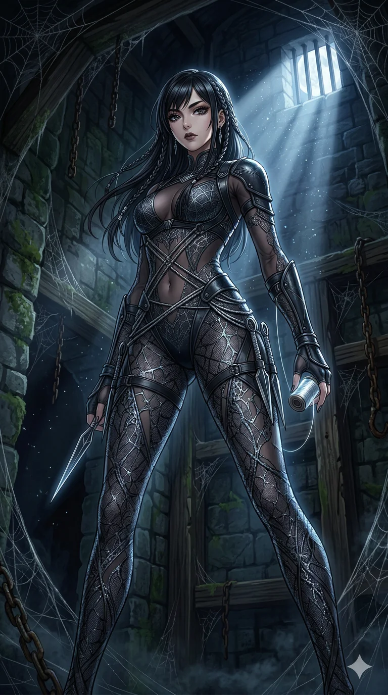 score_9, masterpiece, best quality, ultra-detailed, high-budget anime keyframe, an incredibly beautiful Japanese woman. Dynamic low angle cowboy shot filling the entire 9:16 frame with her statuesque presence. She is a spider-silk assassin waiting in the shadows. She possesses a statuesque height and a towering silhouette, highlighting her long slender legs and perfect 8-heads proportion. Her face is a highly detailed masterpiece featuring a sharp v-shaped jawline, high-bridge nose, intricate jewel-like eyes, thick eyelashes, and glossy lips. She is wearing a sensual tight-fitting spiderweb lace bodysuit. A dark cobweb-filled dungeon with a single beam of moonlight, dramatic rim lighting., 2k, ultra detail, master piece, 9:16 ratio