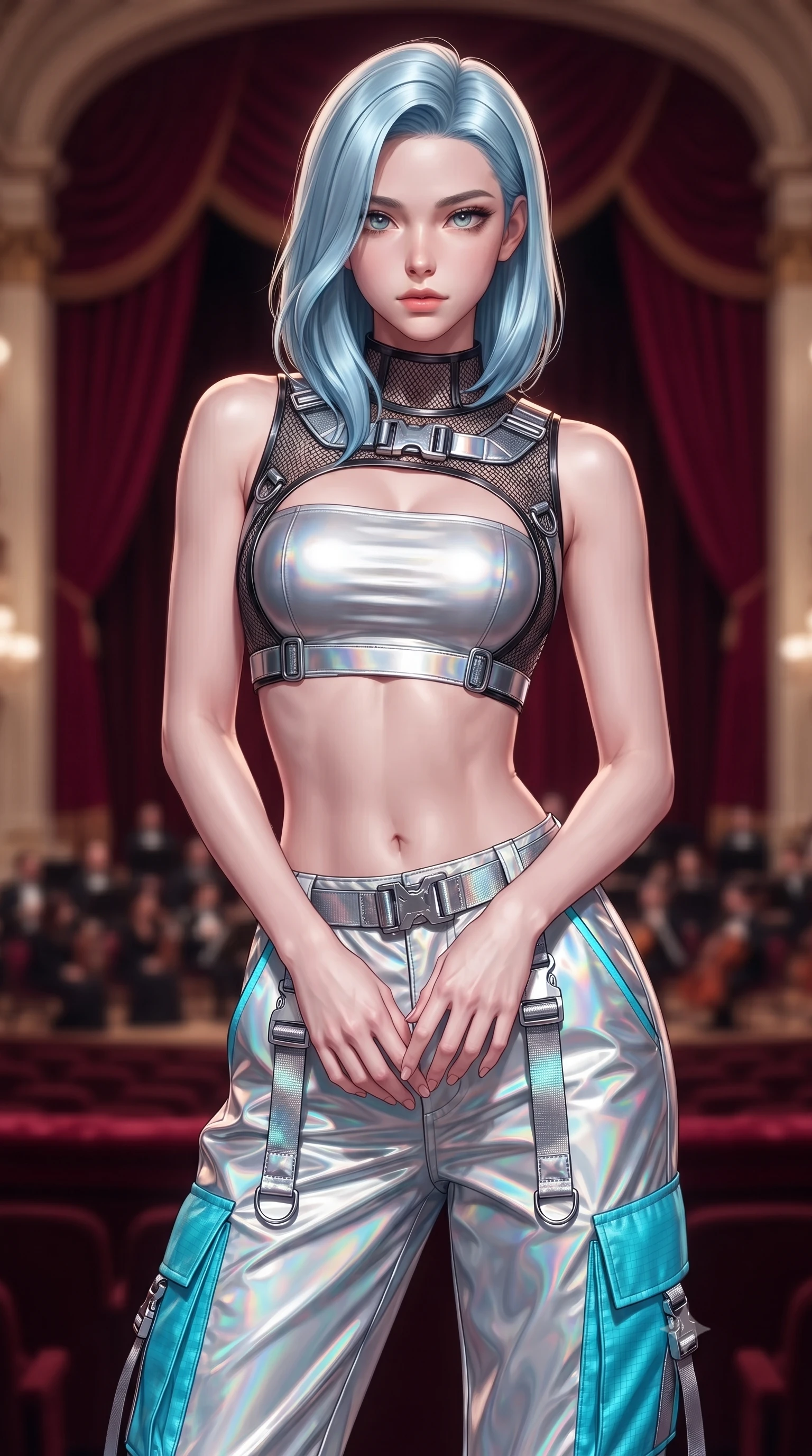 score_9, masterpiece, best quality, ultra-detailed, high-budget anime keyframe, editorial fashion photography, tasteful artistic composition, Korean woman. close-up cowboy shot from the waist and thighs up, the character dominates the composition, filling the frame with her large presence. holding her hands loosely in front with regal, aristocratic poise, radiating an overwhelming high-society aura while arching her spine in a fluid, regal posture while casting a mesmerizing, sovereign gaze into the lens. The composition keeps background elements in soft focus with creamy bokeh. plush crimson velvet box curtains and distant orchestra seating softened in luxurious atmospheric depth. She has an exceptionally elegant, slender, and willowy female figure with an ultra-slim waist, a gracefully sculpted slender torso, toned flat midriff, and a refined slim silhouette. sharp v-shaped jawline, high-bridge nose, intricate jewel-like eyes with depth, thick eyelashes, glossy lips with a natural sheen, captivating and magnetic expression, flawlessly proportioned anatomical accuracy, strict slender model proportions, natural body alignment, perfectly sculpted long slender limbs, ultra-slim waistline, clean dynamic posture without body distortion. wearing a futuristic cropped tech-harness vest worn over a silver reflective tube top and high-rise metallic parachute cargo pants in holographic silver and electric cyan, crafted from high-gloss metallic ripstop nylon and flexible carbon mesh, detailed with heavy-duty chrome quick-release buckles and D-ring straps, the precision-cut daring openings accentuating her delicate midriff, graceful bare collarbones, and ultra-slim feminine waistline. surrounded by an aristocratic, majestic, and enchantingly sovereign high-society queen aura. ultra-reflective glossy finish, specular highlights, rich textural contrasts, high-contrast stereoscopic depth, volumetric dynamic lighting, 2k, ultra detail, master piece, 9:16 ratio