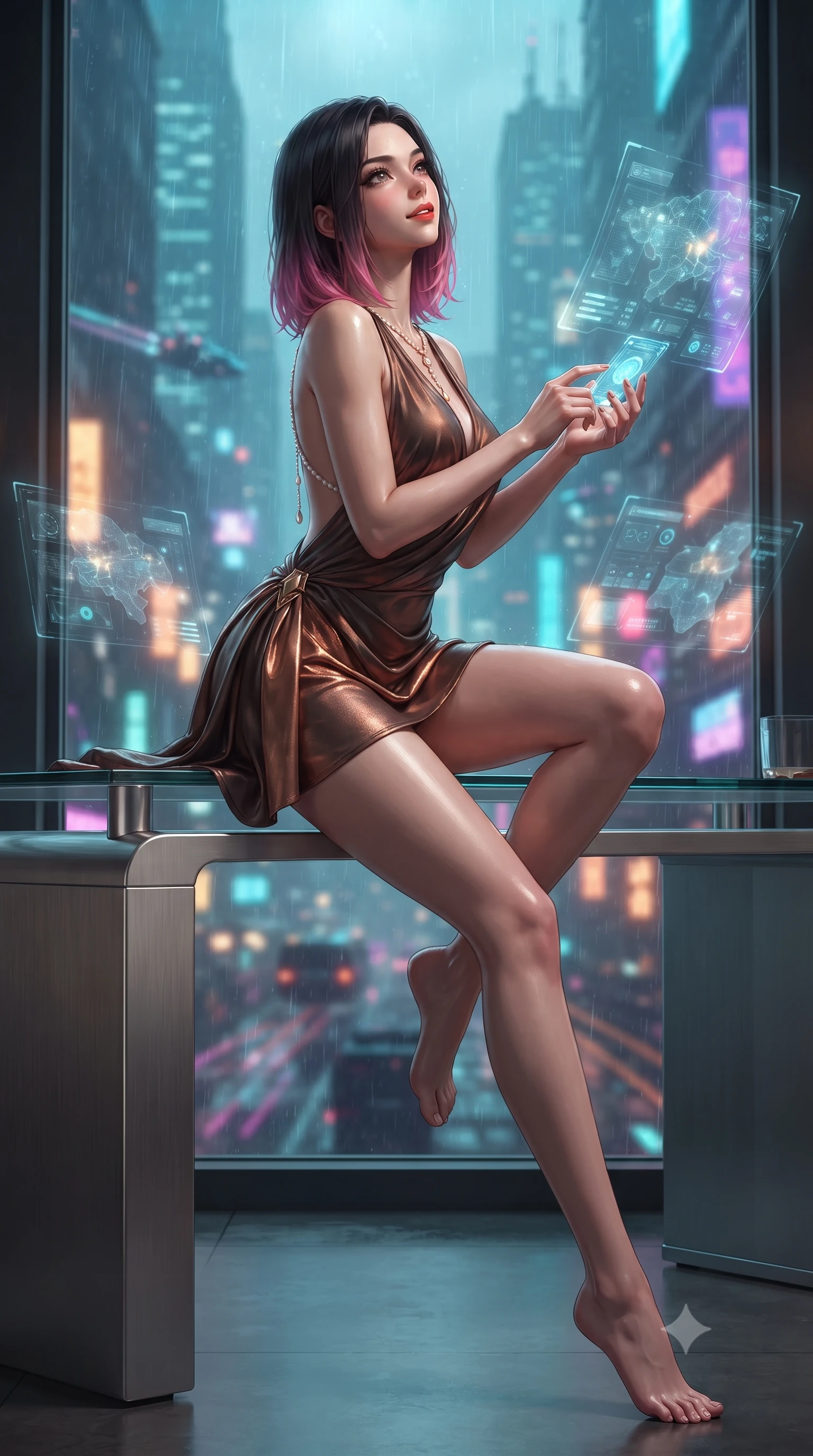 score_9, masterpiece, best quality, ultra-detailed, high-budget anime keyframe, editorial fashion photography, tasteful artistic composition, Korean woman. low angle full-body shot from head to toe showing her feet, filling the entire 9:16 vertical frame with her statuesque presence, stretching her vertical silhouette. sitting poised on the stone steps with one knee bent, arching her spine with supermodel elegance as she glances upward through thick eyelashes while perched sideways on the glass desk with one leg extended, toying with a holographic interface chip with smoldering bedroom-eyes. The background shows a soft-focus translucent holographic tactical data maps, endless rainy neon skyscrapers, and flying transport trails blurred into cyan, amber, and violet bokeh. She has an absolutely perfect, statuesque 8.5-heads proportion, an exceptionally tall and slender model-like female figure with impossibly long slender legs, an ultra-slim waist, a flat toned midriff, narrow delicate ribcage, and beautifully sculpted feminine hips creating a graceful, slim hourglass silhouette without any bulky heaviness. sharp v-shaped jawline, high-bridge nose, sparkling eyes with hypnotic seductive depth, thick curled eyelashes, glossy parted lips with a natural dewy peach sheen, alluring bedroom-eyes with an enchanting coquettish smile, exuding magnetic siren charisma and sophisticated glamour, flawlessly proportioned anatomical accuracy, strict slender model proportions, natural body alignment, perfectly sculpted long slender limbs, ultra-slim waistline, clean dynamic posture without body distortion. wearing a draped Greek-goddess style silk chiffon mini toga dress with an open back and golden hip fibula in sultry espresso bronze and metallic copper, woven from buttery-soft stretch lambskin leather adhering to her body like a second skin, accented with a pearl-drop body harness subtly framing her dewy collarbones and spine, the liquid-tight tailored fabric clinging flawlessly to her narrow waist and rounded feminine hips, emphasizing every millimeter of her sculpted slim hourglass curves without any bulky heaviness. bathed in moody chiaroscuro lighting spilling from glowing holographic displays and exterior city neon. ultra-reflective glossy finish, specular highlights, rich textural contrasts, high-contrast stereoscopic depth, volumetric dynamic lighting, 2k, ultra detail, master piece, 9:16 ratio