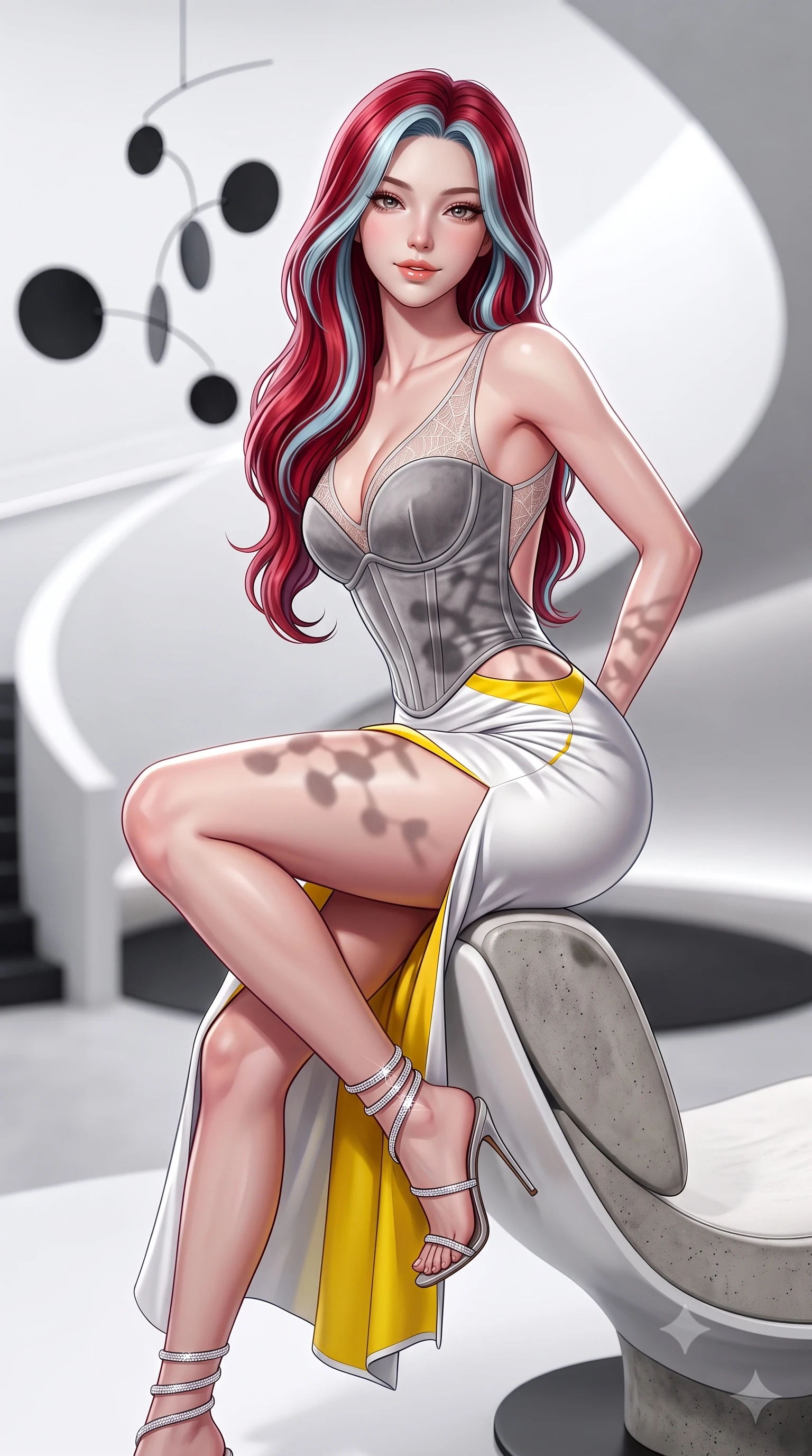 score_9, masterpiece, best quality, ultra-detailed, high-budget anime keyframe, semi-realistic 3D game render, editorial fashion photography, tasteful artistic composition, Caucasian woman. close-up cowboy shot from the waist and thighs up, the character dominates the composition, filling the frame with her large presence. perched sideways on the lounge seat, one knee drawn up to showcase her slender leg line while her arched back accentuates her feminine hip curve while twisting her slender torso in an alluring S-curve, shadows of the floating kinetic mobile tracing her narrow waist and rounded hips. The background shows a soft-focus the endless sweeping curves of the white spiral ramp, floating black metal mobile discs, and rotunda floor blurred into pure white, charcoal, and ivory bokeh. She has an exceptionally elegant, slender, and willowy female figure with an ultra-slim waist, flat toned midriff, narrow ribcage, and sculpted feminine hips creating an alluring, slim hourglass silhouette without bulk. sharp v-shaped jawline, high-bridge nose, sparkling eyes with hypnotic seductive depth, thick curled eyelashes, glossy parted lips with a natural dewy peach sheen, alluring bedroom-eyes with an enchanting coquettish smile, exuding magnetic siren charisma and sophisticated glamour, flawlessly proportioned anatomical accuracy, strict slender model proportions, natural body alignment, perfectly sculpted long slender limbs, ultra-slim waistline, clean dynamic posture without body distortion. wearing a plunging sweetheart-neckline boned velvet underbust corset over a sheer spiderweb lace camisole and high-slit satin skirt in Bauhaus optic white and concrete grey with primary yellow accents, crafted from smooth liquid-tight stretch jersey emphasizing every curve of her body, complemented by strappy stiletto sandals with crystal ankle wraps accentuating her slender calves, the precision-cut side openings and low-back scoop framing her graceful spine and the sensual sweep of her slim, toned hips. illuminated by curved white wall bounce and sharp platinum-white rim lights defining her delicate clavicles, ultra-slim waist, and curvy hips. highly saturated vibrant anime colors, detailed shading with soft gradients, rich glossy textures, high-contrast stereoscopic depth, volumetric dynamic lighting, master piece, 9:16 ratio