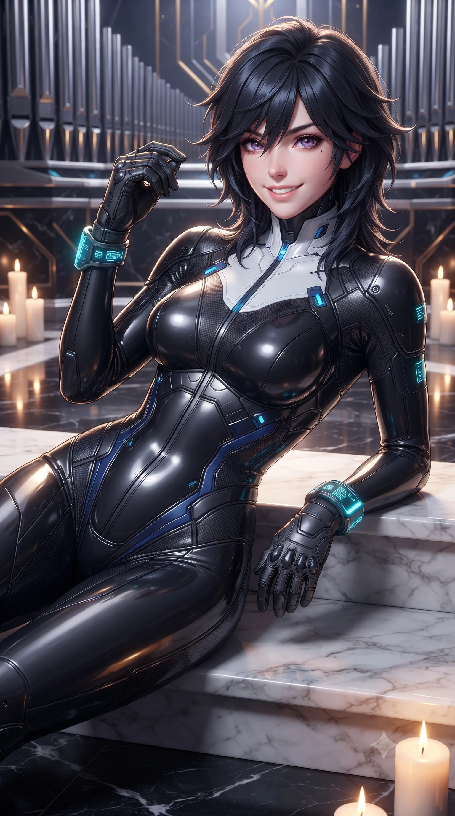 score_9, masterpiece, best quality, ultra-detailed, high-budget anime keyframe, editorial fashion photography, tasteful artistic composition, Caucasian woman. close-up cowboy shot from the waist and thighs up, the character dominates the composition, filling the frame with her large presence. adjusting her tactical glove with cool confidence, her bright smile capturing fresh girlhood charm while her arched torso reveals an intoxicating hip contour while lounging gracefully on the carved marble altar steps, her long slender legs and hourglass curves commanding the high-tech sanctuary. The surrounding environment is rendered in vivid detail and crisp panoramic clarity: sharp chrome organ pipe bevels, laser diode projector lenses, and black marble mosaic floor reflections in deep focus. She has an exceptionally elegant, slender, and willowy female figure with an ultra-slim waist, flat toned midriff, narrow ribcage, and sculpted feminine hips creating an alluring, slim hourglass silhouette without bulk. sharp v-shaped jawline, high-bridge nose, intricate jewel-like sparkling eyes with depth, thick eyelashes, glossy parted lips with a natural sheen, bright confident smile with an enchanting and coquettish sensual glint, exuding both youthful magnetic charm and sovereign high-tech allure, flawlessly proportioned anatomical accuracy, strict slender model proportions, natural body alignment, perfectly sculpted long slender limbs, ultra-slim waistline, clean dynamic posture without body distortion. wearing a form-contouring cybernetic combat suit in matte black latex and carbon fiber, tracing her willowy silhouette with a high neck in arctic snowflake white and electric plasma blue, tailored from ultra-reflective glossy liquid vinyl with mirror-like specular highlights, featuring sleek glowing cyan HUD display wrist cuffs with floating data telemetry, the form-fitting tactical tailoring adhering flawlessly to her sculpted flat midriff and slender torso, emphasizing her long leg lines and perfectly proportioned willowy build. illuminated by altar floor candle LEDs and sharp gold-and-violet rim lighting sculpting her razor-sharp jawline, narrow waist, and curvy hips. ultra-reflective glossy finish, specular highlights, rich textural contrasts, high-contrast stereoscopic depth, volumetric dynamic lighting, 2k, ultra detail, master piece, 9:16 ratio