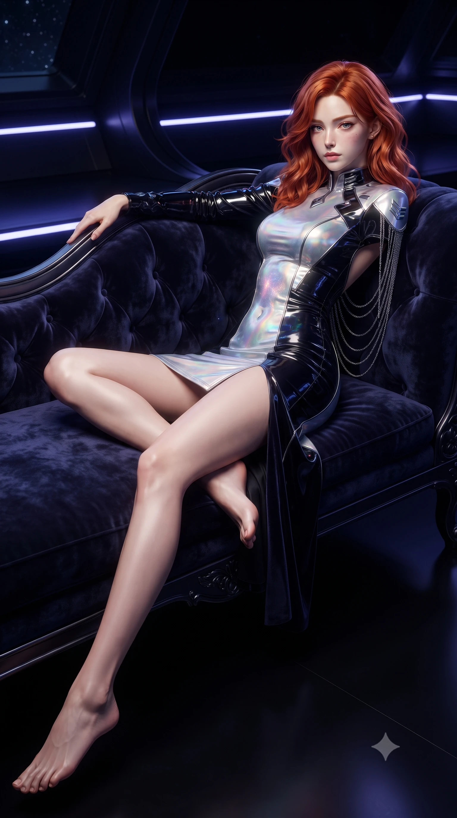 score_9, masterpiece, best quality, ultra-detailed, high-budget anime keyframe, editorial fashion photography, tasteful artistic composition, Korean woman. low angle full-body shot from head to toe showing her feet, filling the entire 9:16 vertical frame with her statuesque presence, stretching her vertical silhouette. reclining gracefully across the plush chaise lounge with one leg extended, her sculpted silhouette and flat midriff radiating magnetic nocturnal glamour while twisting her slender torso in an alluring S-curve, indigo warp field distortions and star nebulae casting celestial light ribbons across her flat midriff and hourglass curves. The surrounding environment is rendered in vivid detail and crisp panoramic clarity: detailed tactical gown tailoring, futuristic rank insignia, and monumental interstellar starship architecture in high resolution. She has an exceptionally tall and slender model-like 8.5-heads proportion, an ultra-slim waist, a flat toned midriff, narrow delicate ribcage, and beautifully sculpted feminine hips creating a graceful, slim hourglass silhouette without any bulky heaviness, with impossibly long slender legs. sharp v-shaped jawline, high-bridge nose, intricate jewel-like sparkling eyes with depth, thick eyelashes, glossy parted lips with a natural peach sheen, bright cheerful beaming smile with an enchanting and coquettish sensual glint, exuding both youthful cute charm and seductive allure, flawlessly proportioned anatomical accuracy, strict slender model proportions, natural body alignment, perfectly sculpted long slender limbs, ultra-slim waistline, clean dynamic posture without body distortion. wearing a tailored liquid velvet combat sheath dress with subtle metallic piping following her feminine curves without bulk in iridescent mother-of-pearl and liquid molten silver, tailored from high-gloss patent leather with mirror-like specular highlights, accented with an open-back drape framed by falling strands of delicate chrome chains, the glove-like clinging cut tightly following the natural contour of her hips and long slender legs with youthful 8.5-heads elegance. illuminated by dark obsidian deck bounce and sharp indigo-platinum rim lights defining her razor-sharp jawline, narrow waist, and curvy hips. ultra-reflective glossy finish, specular highlights, rich textural contrasts, high-contrast stereoscopic depth, volumetric dynamic lighting, 2k, ultra detail, master piece, 9:16 ratio