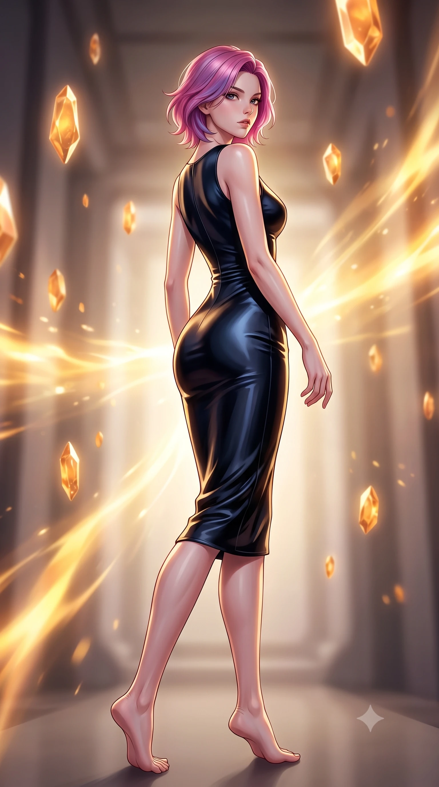 score_9, masterpiece, best quality, ultra-detailed, high-budget anime keyframe, editorial fashion photography, tasteful artistic composition, Caucasian woman woman. low angle full-body shot from head to toe showing her feet, filling the entire 9:16 vertical frame with her statuesque presence, stretching her vertical silhouette. She has an absolutely perfect, statuesque 8.5-heads proportion, an exceptionally tall and slender model-like female figure with impossibly long slender legs and an ultra-slim waist. turning fluidly while glancing back over her shoulder with magnetic intensity and statuesque grace, flawlessly proportioned anatomical accuracy, natural body alignment, perfectly sculpted elegant limbs, clean dynamic posture without body distortion. set against a soft-focus background of a temporal corridor with floating amber time crystals. wearing a sleek obsidian liquid silk midi dress with a tight tailored waistline. bathed in golden temporal energy flares casting dramatic volumetric rim lighting. highly saturated vibrant anime colors, detailed shading with soft gradients, rich glossy textures, high-contrast stereoscopic depth, volumetric dynamic lighting, master piece, 9:16 ratio