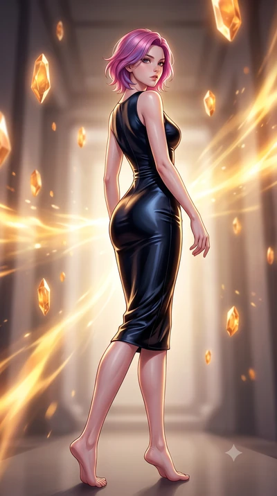 score_9, masterpiece, best quality, ultra-detailed, high-budget anime keyframe, editorial fashion photography, tasteful artistic composition, Caucasian woman woman. low angle full-body shot from head to toe showing her feet, filling the entire 9:16 v