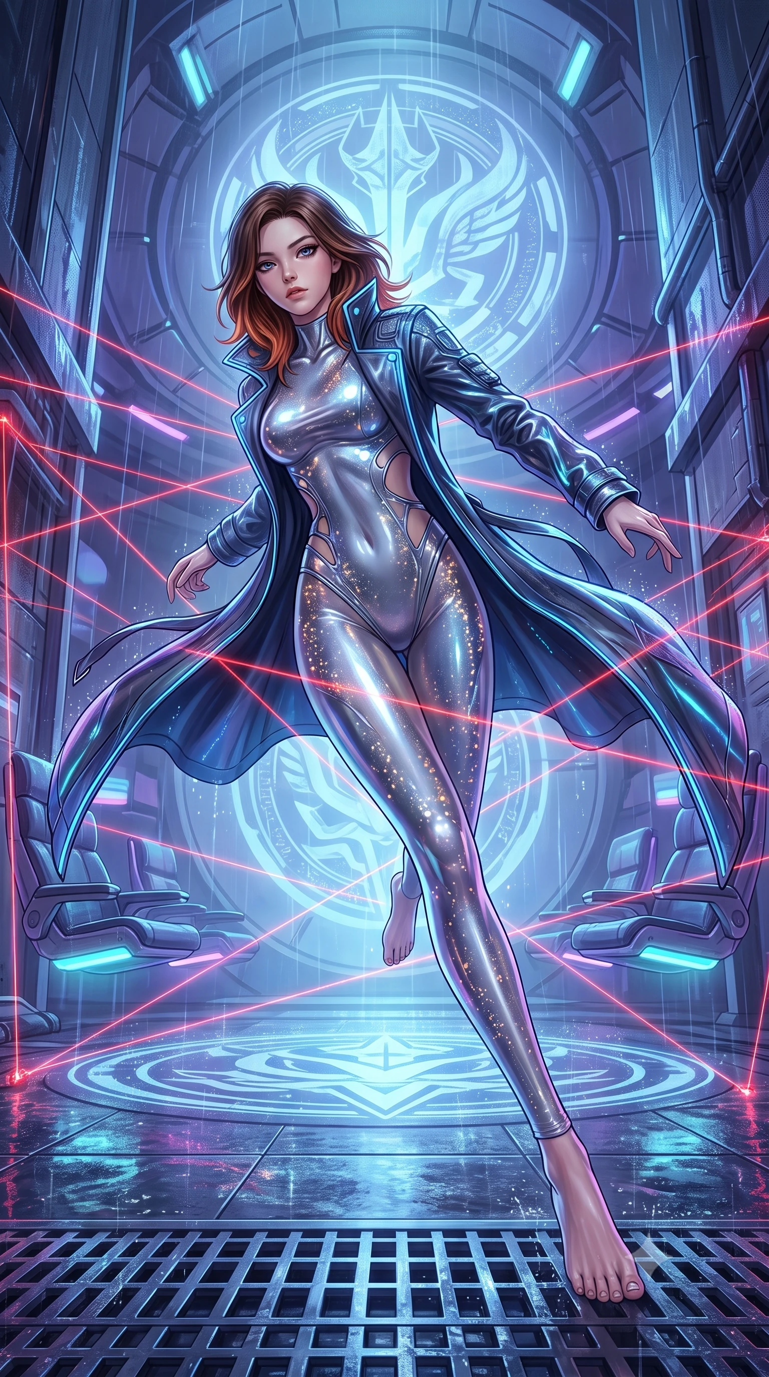 score_9, masterpiece, best quality, ultra-detailed, high-budget anime keyframe, editorial fashion photography, tasteful artistic composition, Korean woman. low angle full-body shot from head to toe showing her feet, filling the entire 9:16 vertical frame with her statuesque presence, stretching her vertical silhouette. dashing through rain-slicked cyberpunk alleyways, dodging laser tripwires with fluid agility through a massive circular chamber with floating seats and a large central emblem projection in blue light. She has a statuesque 8.5-heads proportion, an exceptionally tall, slender and willowy model-like build with impossibly long legs and a highly sculpted ultra-slim waist. sharp v-shaped jawline, high-bridge nose, intricate jewel-like eyes with depth, thick eyelashes, glossy lips with a natural sheen. wearing catching and diffusing the glowing particles, shimmering softly in response to the surrounding light, a body-hugging liquid-mercury bodysuit with high-cut legs and side torso cutouts, layered under a long open cyber-detective trench coat. highly saturated vibrant anime colors, intense vivid color palette, soft 3D volumetric shading, volumetric dynamic lighting, cool ethereal blue-violet bioluminescent glow wrapping around her from all sides. 2k, ultra detail, master piece, 9:16 ratio