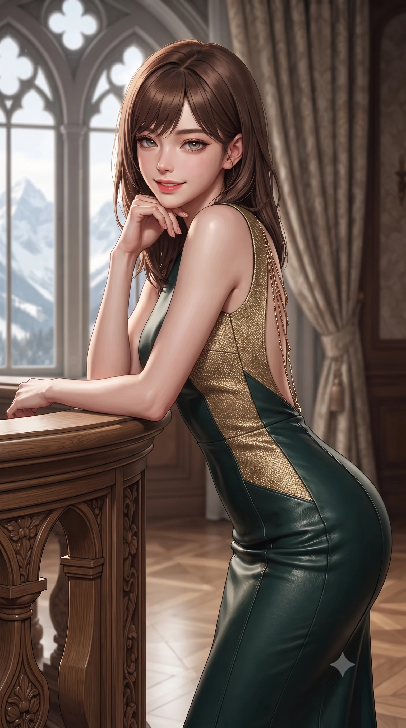 score_9, masterpiece, best quality, ultra-detailed, high-budget anime keyframe, editorial fashion photography, tasteful artistic composition, Korean woman. close-up cowboy shot from the waist and thighs up, the character dominates the composition, filling the frame with her large presence. resting one elbow on the table and supporting her chin, leaning close to the camera with heavy-lidded sparkling eyes and parted lips while leaning against the carved oak choir balustrade with hips cocked back, looking through towering arched lancet windows at snow-covered Alpine peaks with heavy-lidded bedroom-eyes. The background shows a soft-focus heavy brocade portiere curtains softened in Bavarian fairy-tale castle shallow focus. She has an exceptionally elegant, slender, and willowy female figure with an ultra-slim waist, flat toned midriff, narrow ribcage, and sculpted feminine hips creating an alluring, slim hourglass silhouette without bulk. sharp v-shaped jawline, high-bridge nose, intricate jewel-like sparkling eyes with depth, thick eyelashes, glossy parted lips with a natural peach sheen, bright cheerful beaming smile with an enchanting and coquettish sensual glint, exuding both youthful cute charm and seductive allure, flawlessly proportioned anatomical accuracy, strict slender model proportions, natural body alignment, perfectly sculpted long slender limbs, ultra-slim waistline, clean dynamic posture without body distortion. wearing an ultra-sleek stretch lambskin leather sheath dress accentuating her slim waistline in Bavarian alpine spruce green and Neuschwanstein gilded gold, woven from structured British tweed with subtle metallic flecks, accented with an open-back drape framed by falling strands of delicate gold chains, the impeccably tailored cut draping gracefully along her slender figure with aristocratic poise. illuminated by parquet reflection bounce and sharp imperial-gold rim lights defining her razor-sharp jawline, narrow waist, and curvy hips. ultra-reflective glossy finish, specular highlights, rich textural contrasts, high-contrast stereoscopic depth, volumetric dynamic lighting, 2k, ultra detail, master piece, 9:16 ratio