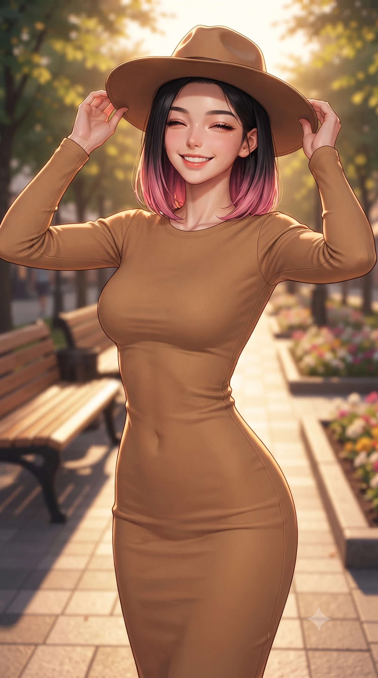 score_9, masterpiece, best quality, ultra-detailed, high-budget anime keyframe, editorial fashion photography, tasteful artistic composition, Korean woman. close-up cowboy shot from the waist and thighs up, the character dominates the composition, filling the frame with her large presence, background elements kept in soft focus. smiling happily with closed eyes, enjoying the warm sunbeams on her face set against a soft-focus background of on a leafy shopping avenue with wooden benches and flower beds adjusting her stylish hat with a bright, confident smile. She has an exceptionally elegant, slender, and willowy female figure with an ultra-slim waist, a gracefully sculpted slender torso, and a refined silhouette. sharp v-shaped jawline, high-bridge nose, intricate jewel-like eyes with depth, thick eyelashes, glossy lips with a natural sheen. wearing form-contouring sleek, body-hugging long-sleeve knit dress in camel, outlining her slender silhouette. golden hour sunset light casting long shadow lines on the concrete pavement. ultra-reflective glossy finish, specular highlights, metallic sheen, high-contrast stereoscopic depth, volumetric dynamic lighting, 2k, ultra detail, master piece, 9:16 ratio