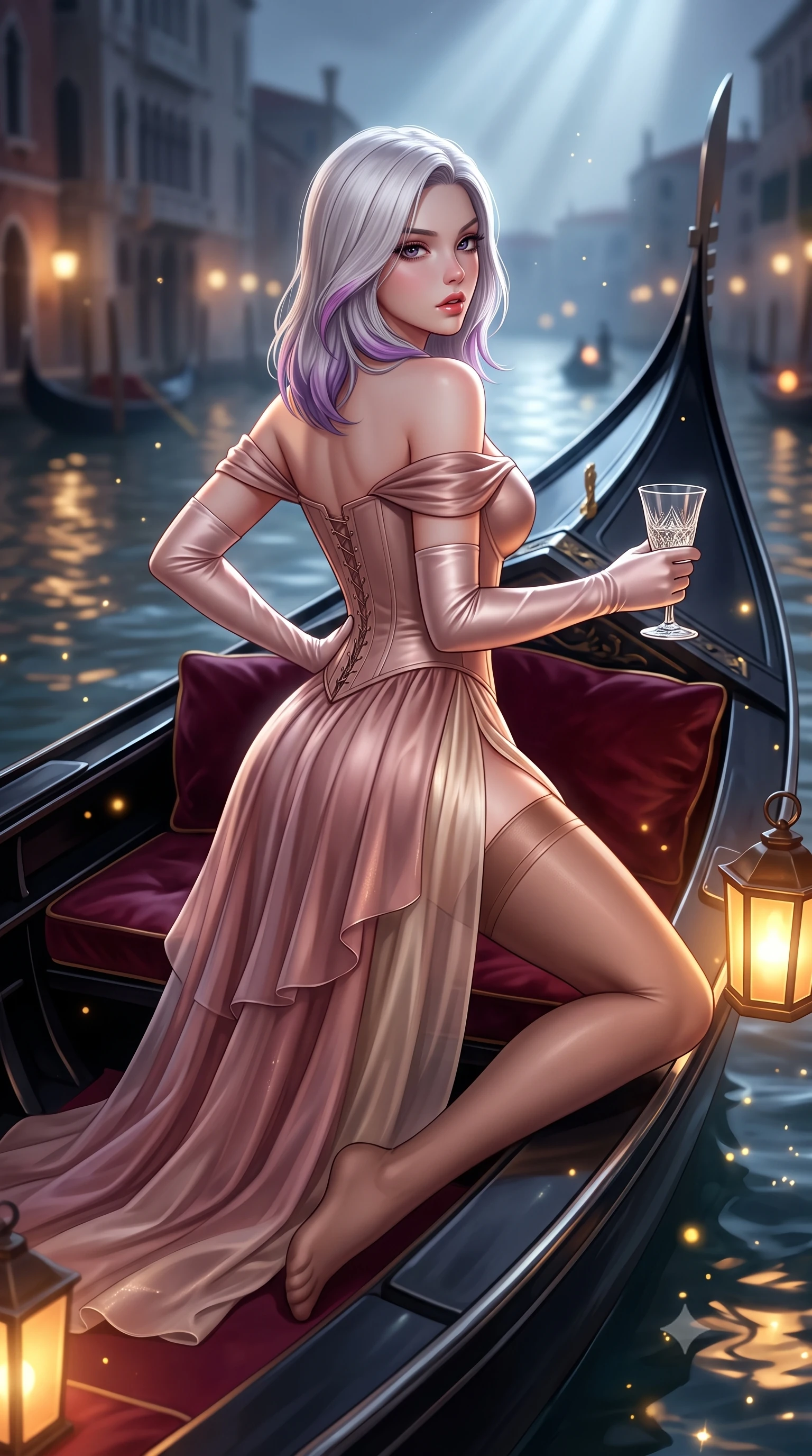 score_9, masterpiece, best quality, ultra-detailed, high-budget anime keyframe, semi-realistic 3D game render, editorial fashion photography, tasteful artistic composition, Caucasian woman. close-up cowboy shot from the waist and thighs up, the character dominates the composition, filling the frame with her large presence. posing in an alluring rear three-quarter angle, arching her lower back in a pronounced S-curve with one hand on her hip, glancing seductively over her bare shoulder with parted glossy lips while reclining on her side across the velvet cushions of a sleek black gondola, arching her lower back with one slender leg extended as moonlit canal ripples mirror her curvy hips. The composition keeps background elements in soft focus with creamy bokeh. gondola lantern reflections and water ripple sparkles scattering radiant golden light motes. She has an exceptionally elegant, slender, and willowy female figure with an ultra-slim waist, flat toned midriff, narrow ribcage, and sculpted feminine hips creating an alluring, slim hourglass silhouette without bulk. sharp v-shaped jawline, high-bridge nose, intricate jewel-like eyes with depth, thick eyelashes, glossy parted lips with a natural sheen, intensely captivating and seductive bedroom-eyes expression, flawlessly proportioned anatomical accuracy, strict slender model proportions, natural body alignment, perfectly sculpted long slender limbs, ultra-slim waistline, clean dynamic posture without body distortion. wearing an off-shoulder French court corset bodice dress paired with a tiered translucent chiffon slit skirt in dusky blush rose and champagne shimmer, crafted from second-skin supple lambskin leather with liquid drape, accessorized with opera-length satin gloves and a vintage crystal glass, the glove-like aerodynamic silhouette tightly following the natural contour of her hips and long slender legs with statuesque 8.5-heads elegance. bathed in cool silver full-moon light streaming from above and warm amber gondola lantern uplights. highly saturated vibrant anime colors, detailed shading with soft gradients, rich glossy textures, high-contrast stereoscopic depth, volumetric dynamic lighting, master piece, 9:16 ratio