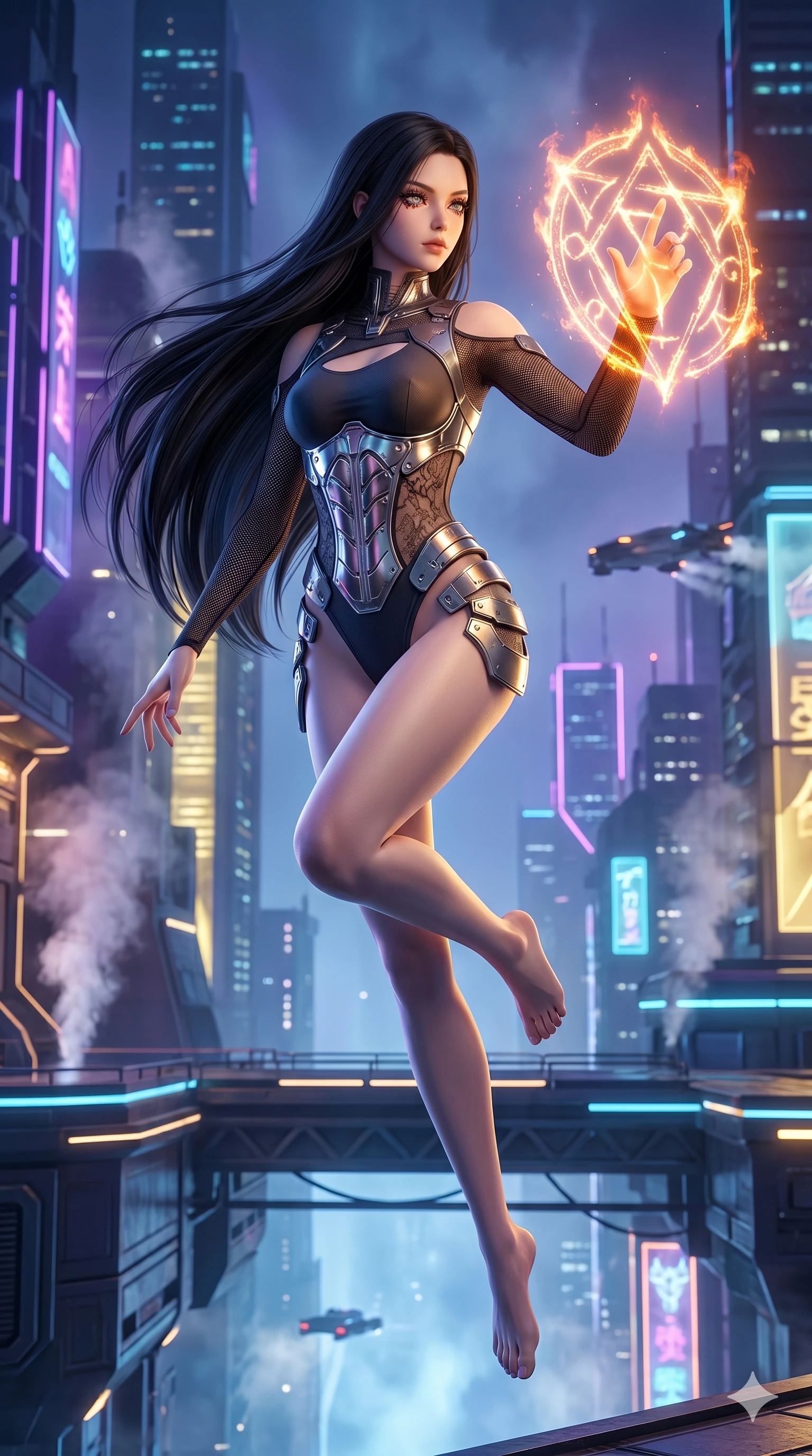 score_9, masterpiece, best quality, ultra-detailed, photorealistic 8k CG, hyper-detailed textures, ray-tracing, Caucasian (strictly human ears) woman. Mid-air action shot capturing a graceful twist and vertical silhouette. drawing an ancient rune in the air that glows with intense heat. She has an absolutely perfect 8-heads proportion, an exceptionally tall and slender female figure with an ultra-slim waist and impossibly long slender legs. strictly human anatomy, two legs only, no extra limbs, clearly defined legs and arms, perfect anatomy, perfect hands and fingers. sharp v-shaped jawline, high-bridge nose, intricate jewel-like eyes, thick eyelashes, glossy lips. Wearing Cyber-Tech Legacy: Asymmetrical high-cut tech-bodysuit with detached sleeves and chrome-plated corset over sheer lace. The scene is illuminated by dramatic atmospheric lighting and vibrant color palettes. , 2k, ultra detail, master piece, 9:16 ratio