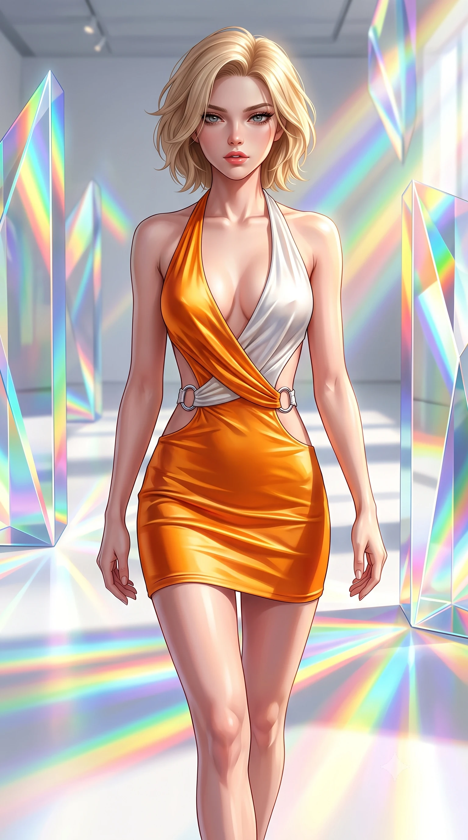 score_9, masterpiece, best quality, ultra-detailed, high-budget anime keyframe, semi-realistic 3D game render, editorial fashion photography, tasteful artistic composition, Caucasian woman. close-up cowboy shot from the waist and thighs up, the character dominates the composition, filling the frame with her large presence. casting a slow, smoldering gaze beneath heavy lashes with parted glossy lips, her head slightly tilted in captivating self-assurance while striding commanding through a sun-drenched art hall where giant crystal prisms project vivid rainbow beams. The surrounding environment is rendered in vivid detail and crisp panoramic clarity. razor-sharp optical crystal prism facets, distinct rainbow light band borders, and white gallery floor in deep focus. She has an exceptionally elegant, slender, and willowy female figure with an ultra-slim waist, a gracefully sculpted slender torso, toned flat midriff, and a refined slim silhouette. sharp v-shaped jawline, high-bridge nose, intricate jewel-like eyes with depth, thick eyelashes, glossy lips with a natural sheen, flawlessly proportioned anatomical accuracy, strict slender model proportions, natural body alignment, perfectly sculpted long slender limbs, ultra-slim waistline, clean dynamic posture without body distortion. wearing a form-contouring liquid satin halter-neck mini dress with a deep crossover cowl front, open back, and ultra-slender waist drape in vivid sunset amber orange and cloud white, made of liquid metal jersey that clings flawlessly to every contour of her build, detailed with polished silver rings connecting the daring side-waist cutouts, the precision-cut daring openings accentuating her delicate midriff, graceful bare collarbones, and ultra-slim feminine waistline. surrounded by a hyper-creative, radiant, and fiercely chic modern fashion editorial aura. highly saturated vibrant anime colors, detailed shading with soft gradients, rich glossy textures, high-contrast stereoscopic depth, volumetric dynamic lighting, master piece, 9:16 ratio