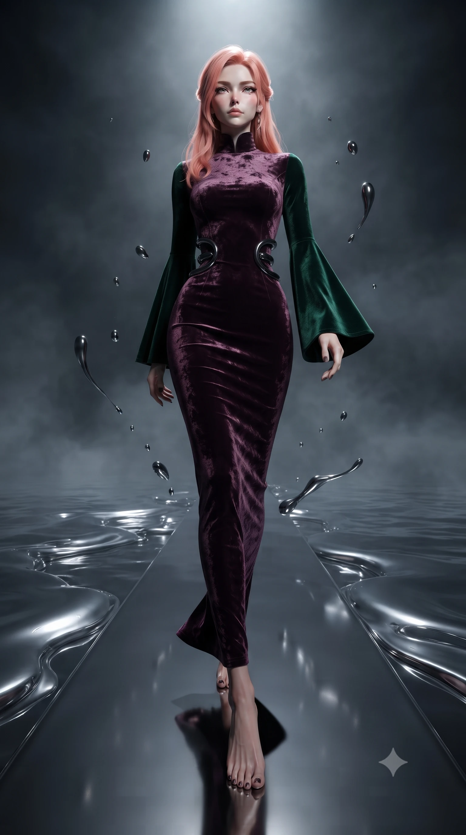 score_9, masterpiece, best quality, ultra-detailed, high-budget anime keyframe, editorial fashion photography, tasteful artistic composition, Japanese woman. low angle full-body shot from head to toe showing her feet, filling the entire 9:16 vertical frame with her statuesque presence, stretching her vertical silhouette. forging confidently through the dark atmospheric mist, holding a poised statuesque stance, walking across a reflective dark chrome walkway surrounded by flowing liquid silver, dark chrome droplets hovering gracefully in zero gravity. She has an absolutely perfect, statuesque 8.5-heads proportion, an exceptionally tall and slender model-like female figure with impossibly long slender legs and an ultra-slim waist. sharp v-shaped jawline, high-bridge nose, intricate jewel-like eyes with depth, thick eyelashes, glossy lips with a natural sheen. wearing gothic high-collar dark plum silk evening gown with long bell sleeves in deep emerald green, made of crushed dark silk velvet, accented with sculpted obsidian chrome rings at the waist, the fitted fabric emphasizing her ultra-slim waist. lit by sharp silvery key light casting dramatic dark reflections. ultra-reflective glossy finish, specular highlights, metallic sheen, high-contrast stereoscopic depth, volumetric dynamic lighting, 2k, ultra detail, master piece, 9:16 ratio
