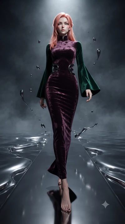 score_9, masterpiece, best quality, ultra-detailed, high-budget anime keyframe, editorial fashion photography, tasteful artistic composition, Japanese woman. low angle full-body shot from head to toe showing her feet, filling the entire 9:16 vertical