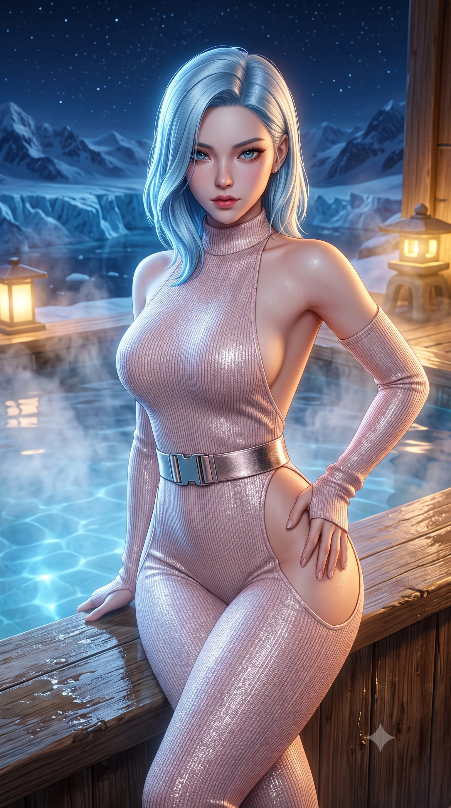 score_9, masterpiece, best quality, ultra-detailed, high-budget anime keyframe, semi-realistic 3D game render, editorial fashion photography, tasteful artistic composition, Korean woman. close-up cowboy shot from the waist and thighs up, the character dominates the composition, filling the frame with her large presence. leaning forward toward the camera with playful, breathtaking intimacy, eyes locked onto the viewer with irresistible charisma while sitting on the cedar edge of a steaming outdoor onsen overlooking blue midnight glaciers, one hand resting on her bare hip. The surrounding environment is rendered in vivid detail and crisp panoramic clarity. atmospheric nocturnal thermal chiaroscuro and private mountain hot-spring luxury in precision. She has an exceptionally elegant, slender, and willowy female figure with an ultra-slim waist, a gracefully sculpted slender torso, toned flat midriff, and a refined slim silhouette. sharp v-shaped jawline, high-bridge nose, intricate jewel-like eyes with depth, thick eyelashes, glossy parted lips with a natural sheen, intensely captivating and seductive expression, flawlessly proportioned anatomical accuracy, strict slender model proportions, natural body alignment, perfectly sculpted long slender limbs, ultra-slim waistline, clean dynamic posture without body distortion. wearing a snug ribbed knit halter-neck catsuit with an open back and matching detachable arm warmers in pale blush pink and frosted silver accents, crafted from shimmering metallic lamé reflecting frost like crushed ice, accented with a wide metallic ski belt cinching her ultra-slim waistline, the liquid-tight tailored fabric emphasizing every curve of her tall, slender model proportions and sculptured silhouette during dynamic movement. bathed in soft underwater pool illumination and warm golden stone lantern downlights. highly saturated vibrant anime colors, detailed shading with soft gradients, rich glossy textures, high-contrast stereoscopic depth, volumetric dynamic lighting, master piece, 9:16 ratio