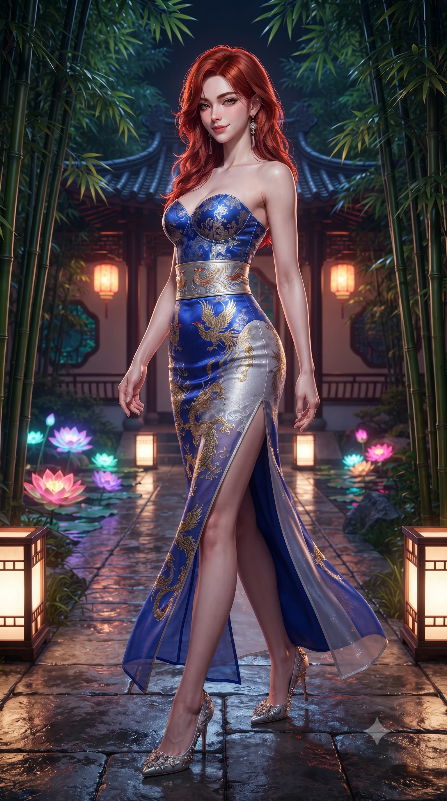 score_9, masterpiece, best quality, ultra-detailed, high-budget anime keyframe, editorial fashion photography, tasteful artistic composition, Korean woman. low angle full-body shot from head to toe showing her feet, filling the entire 9:16 vertical frame with her statuesque presence, stretching her vertical silhouette. walking slowly through the bamboo pathway, looking back over her shoulder with an air of effortless oriental grace and an alluring, smoldering smile while twisting her slender torso in an alluring S-curve, glowing neon water lilies and traditional lanterns casting colorful reflections across her hips. The surrounding environment is rendered in vivid detail and crisp panoramic clarity: detailed jacquard silk dress sheen, gold dragon embroidery glints, and classical Chinese garden architecture in high resolution. She has an absolutely perfect, statuesque 8.5-heads proportion, an exceptionally tall and slender model-like female figure with impossibly long slender legs, an ultra-slim waist, a flat toned midriff, narrow delicate ribcage, and beautifully sculpted feminine hips creating a graceful, slim hourglass silhouette without any bulky heaviness. sharp v-shaped jawline, high-bridge nose, intricate jewel-like dark sparkling almond eyes with depth, thick lashes, glossy parted lips with a natural rose-plum sheen, bright alluring and coquettish smile with bedroom-eyes, exuding both timeless oriental elegance and sovereign high-fashion allure, flawlessly proportioned anatomical accuracy, strict slender model proportions, natural body alignment, perfectly sculpted long slender limbs, ultra-slim waistline, clean dynamic posture without body distortion. wearing a sweetheart-neckline oriental jacquard bustier top paired with a curve-hugging high-slit mermaid maxi skirt in royal cobalt blue and starlight platinum, tailored from sheer gossamer silk organza with an airy weightless flutter, finished with a wide metallic obi sash with intricate embroidered phoenix motifs, the high-waisted wrap tailoring accentuating her ultra-slim waistline and the enchanting curve of her feminine hips with alluring oriental charm. illuminated by pavilion floor light panels and sharp gold rim lights defining her razor-sharp jawline, narrow waist, and curvy hips. ultra-reflective glossy finish, specular highlights, rich textural contrasts, high-contrast stereoscopic depth, volumetric dynamic lighting, 2k, ultra detail, master piece, 9:16 ratio