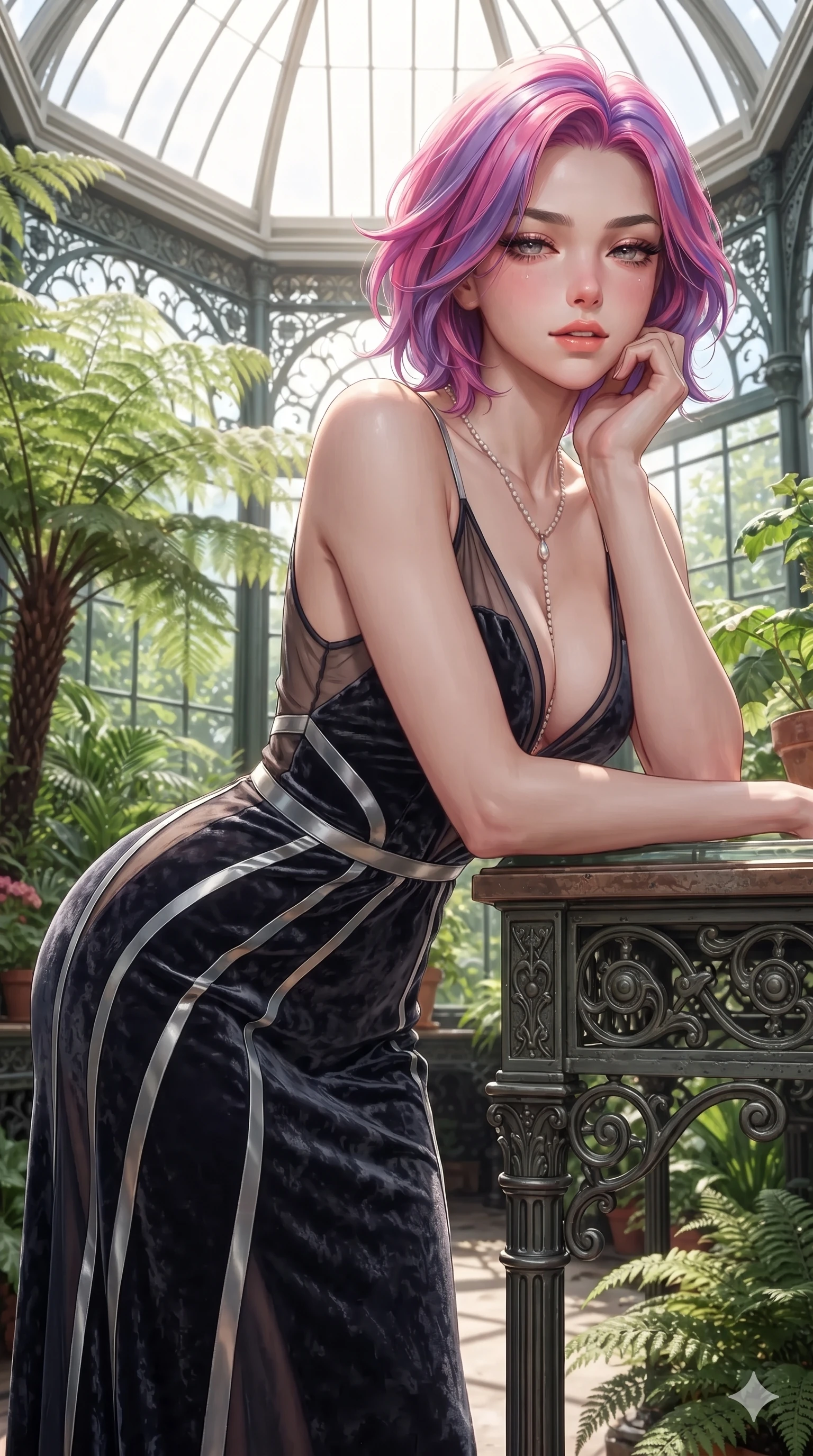 score_9, masterpiece, best quality, ultra-detailed, high-budget anime keyframe, editorial fashion photography, tasteful artistic composition, Caucasian woman. close-up cowboy shot from the waist and thighs up, the character dominates the composition, filling the frame with her large presence. resting one elbow on the potting bench and supporting her chin, leaning close to the camera with heavy-lidded sparkling eyes and parted lips while leaning over the decorative iron balustrade with hips cocked back, gazing down into the lush tropical canopy with an enchanting siren smile. The surrounding environment is rendered in vivid detail and crisp panoramic clarity: sharp decorative cast-iron scrollwork, structural rivet details, and tree fern frond unfurling in deep focus. She has an exceptionally elegant, slender, and willowy female figure with an ultra-slim waist, flat toned midriff, narrow ribcage, and sculpted feminine hips creating an alluring, slim hourglass silhouette without bulk. sharp v-shaped jawline, high-bridge nose, sparkling eyes with hypnotic seductive depth, thick curled eyelashes, glossy parted lips with a natural dewy peach sheen, alluring bedroom-eyes with an enchanting coquettish smile, exuding magnetic siren charisma and sophisticated glamour, flawlessly proportioned anatomical accuracy, strict slender model proportions, natural body alignment, perfectly sculpted long slender limbs, ultra-slim waistline, clean dynamic posture without body distortion. wearing a plunge-front sheer illusion tulle slip dress with liquid platinum ribbon stripes hugging her curves in molten liquid platinum and midnight charcoal with sapphire reflections, tailored from crushed dark velvet with deep light-absorbing plush texture, finished with a pearl-drop body harness subtly framing her dewy collarbones and spine, the liquid-tight tailored fabric clinging flawlessly to her narrow waist and rounded feminine hips, emphasizing every millimeter of her sculpted slim hourglass curves without any bulky heaviness. bathed in glorious, unobstructed celestial daylight streaming through high conservatory cupolas. ultra-reflective glossy finish, specular highlights, rich textural contrasts, high-contrast stereoscopic depth, volumetric dynamic lighting, 2k, ultra detail, master piece, 9:16 ratio
