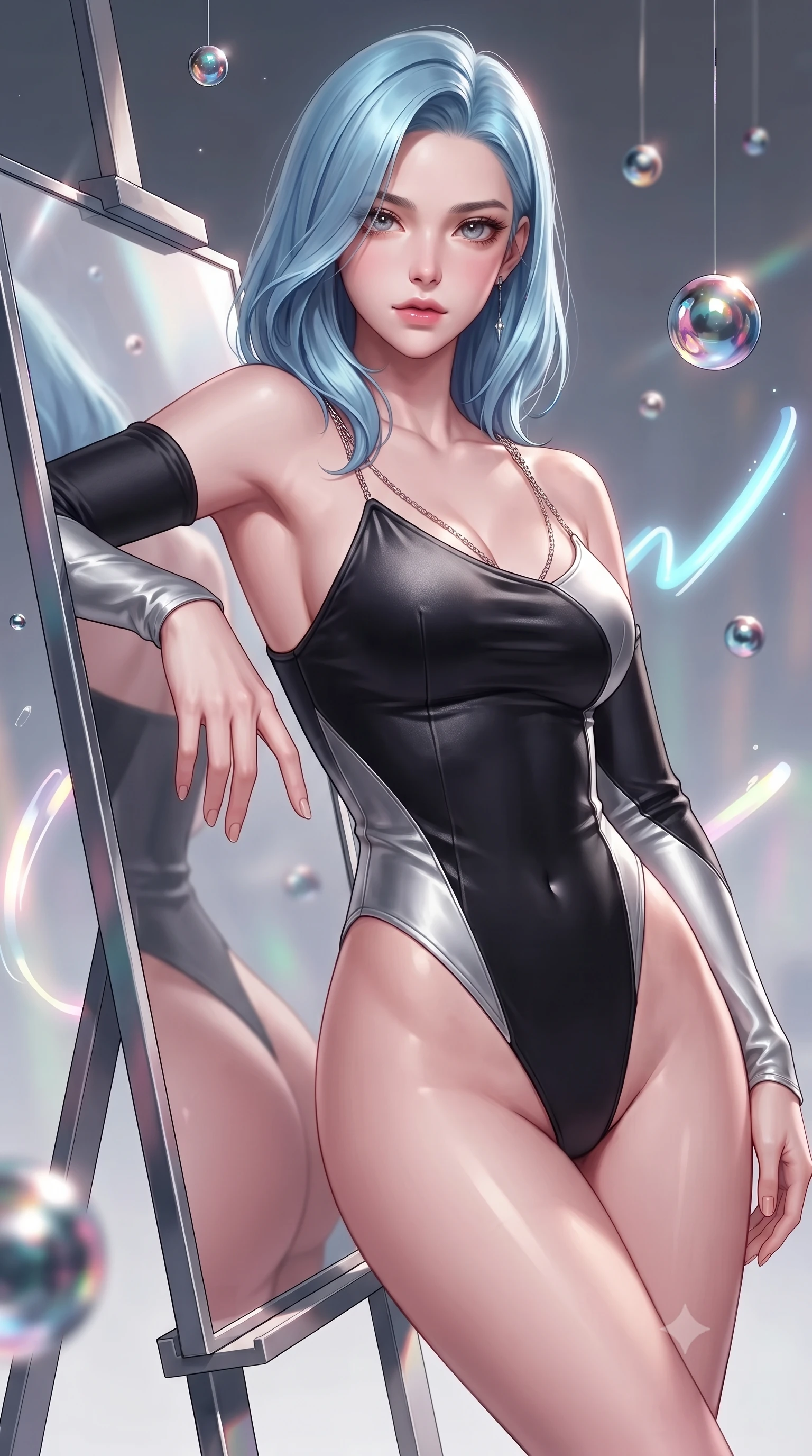 score_9, masterpiece, best quality, ultra-detailed, high-budget anime keyframe, editorial fashion photography, tasteful artistic composition, Korean woman. close-up cowboy shot from the waist and thighs up, the character dominates the composition, filling the frame with her large presence, background elements kept in soft focus. Reaching one hand gracefully toward the viewer with effortless superiority and allure leaning against a mirrored easel surrounded by suspended pigment spheres, glowing neon brushstrokes floating poetically around her silhouette. She has an exceptionally elegant, slender, and willowy female figure with an ultra-slim waist, a gracefully sculpted slender torso, and a refined silhouette. sharp v-shaped jawline, high-bridge nose, intricate jewel-like eyes with depth, thick eyelashes, glossy lips with a natural sheen. wearing an asymmetrical high-cut tech-bodysuit with detached sleeves in matte black and polished silver, made of premium stretch velvet with a rich sheen, adorned with delicate metallic chain straps along the neckline, the form-contouring material highlighting her ultra-slim waist and long lines. bathed in high-contrast vibrant studio lighting with sharp specular highlights. highly saturated vibrant anime colors, detailed shading with soft gradients, rich glossy textures, high-contrast stereoscopic depth, volumetric dynamic lighting, master piece, 9:16 ratio