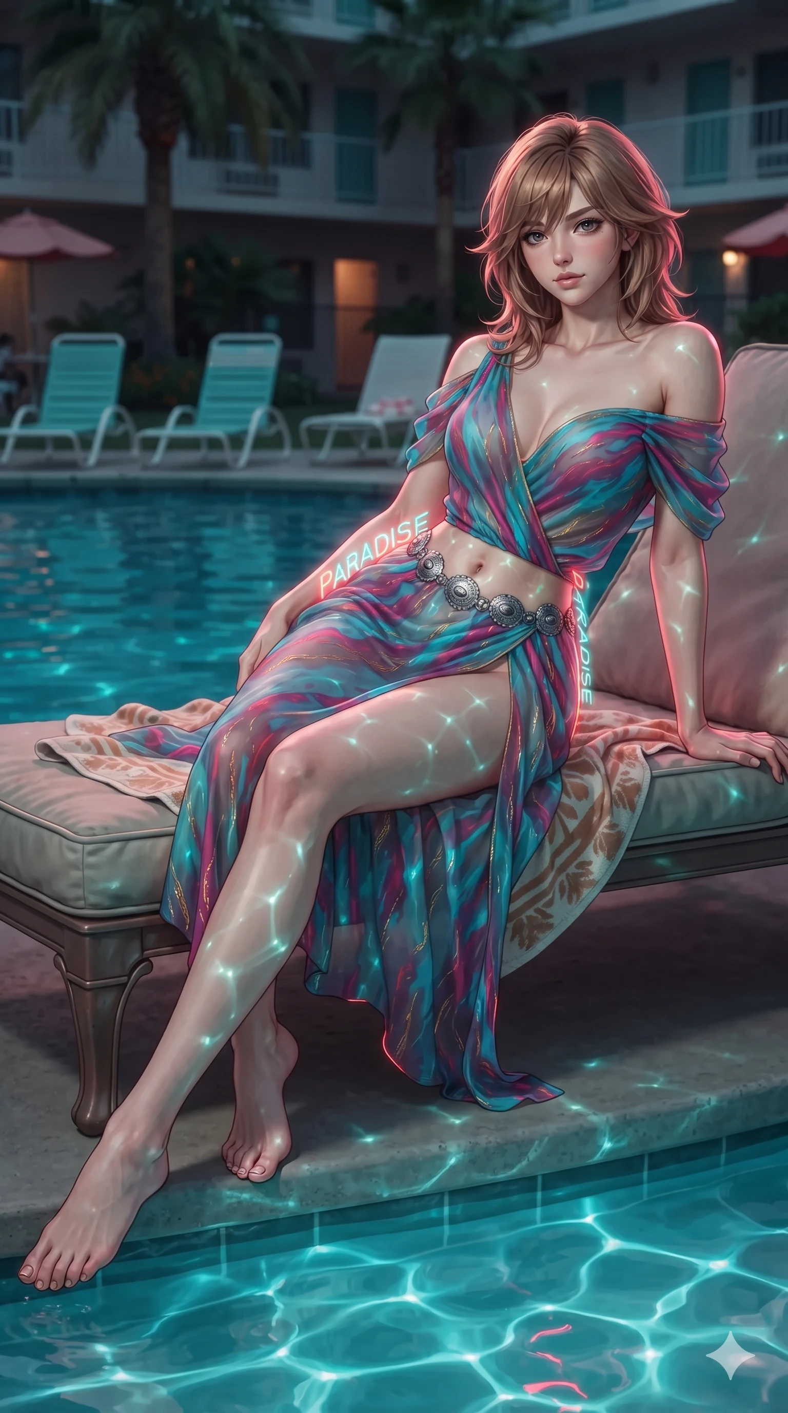 score_9, masterpiece, best quality, ultra-detailed, high-budget anime keyframe, editorial fashion photography, tasteful artistic composition, Korean woman. low angle full-body shot from head to toe showing her feet, filling the entire 9:16 vertical frame with her statuesque presence, stretching her vertical silhouette. reclining gracefully across the plush chaise lounge with one leg extended, her sculpted silhouette and flat midriff radiating magnetic nocturnal glamour while twisting her slender torso in an alluring contrapposto stance, shimmering pool water reflections and neon letters tracing her narrow waist and curvy hips. The background shows a soft-focus plastic vintage pool lounge chairs softened in nostalgic Americana shallow focus. She has an absolutely perfect, statuesque 8.5-heads proportion, an exceptionally tall and slender model-like female figure with impossibly long slender legs, an ultra-slim waist, a flat toned midriff, narrow delicate ribcage, and beautifully sculpted feminine hips creating a graceful, slim hourglass silhouette without any bulky heaviness. sharp v-shaped jawline, high-bridge nose, sparkling eyes with hypnotic seductive depth, thick curled eyelashes, glossy parted lips with a natural dewy peach sheen, alluring bedroom-eyes with an enchanting coquettish smile, exuding magnetic siren charisma and sophisticated glamour, flawlessly proportioned anatomical accuracy, strict slender model proportions, natural body alignment, perfectly sculpted long slender limbs, ultra-slim waistline, clean dynamic posture without body distortion. wearing a translucent silk georgette desert wrap dress slipping off bare shoulders with a hip-high slit and open cowl back in blazing desert neon turquoise and fiery magenta, crafted from rugged heavy-duty canvas and oiled leather with authentic desert durability, accented with a silver concho belly chain resting across her flat midriff and curving hips, the form-contouring material adhering flawlessly to her sculpted flat midriff and slender torso, emphasizing her long leg lines and perfectly proportioned willowy build. illuminated by turquoise water surface bounce and sharp neon-coral rim lights sculpting her razor-sharp jawline, narrow waist, and curvy hips. ultra-reflective glossy finish, specular highlights, rich textural contrasts, high-contrast stereoscopic depth, volumetric dynamic lighting, 2k, ultra detail, master piece, 9:16 ratio