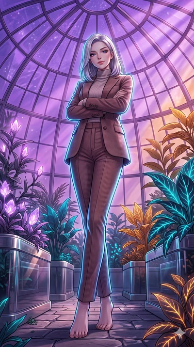 score_9, masterpiece, best quality, ultra-detailed, high-budget anime keyframe, editorial fashion photography, tasteful artistic composition, Caucasian woman, strictly human ears. low angle full-body shot from head to toe showing her feet, filling th