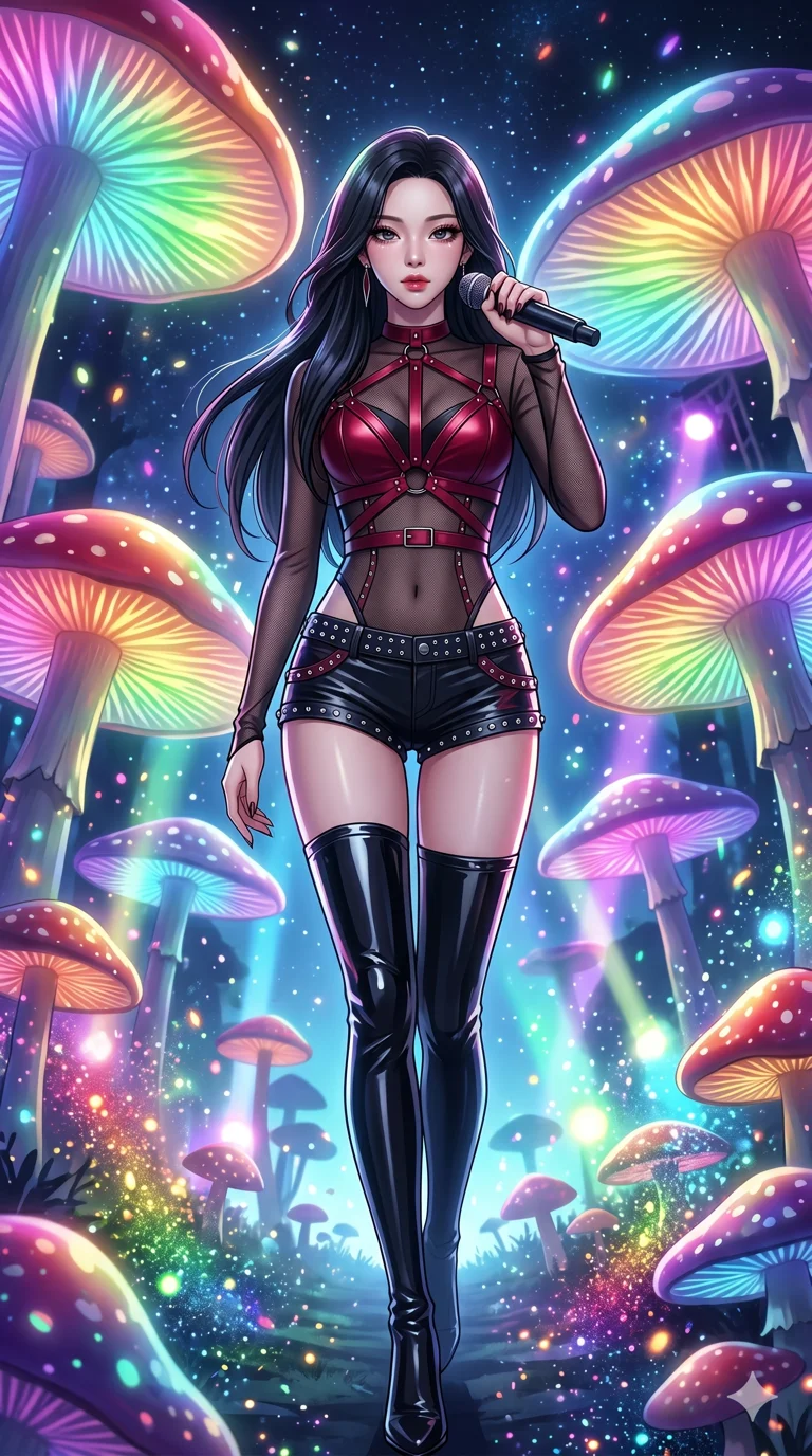 score_9, masterpiece, best quality, ultra-detailed, High-budget Anime Keyframe, beautiful Korean anime girl. Low angle cowboy shot filling the entire 9:16 frame with her overwhelming presence. Walking through a forest of giant mushrooms that glow in rainbow colors under a starry sky. She has an absolutely perfect 8-heads proportion, an exceptionally tall and slender female figure with impossibly long slender legs and an ultra-slim waist. Sharp v-shaped jawline, high-bridge nose, intricate jewel-like eyes with depth, thick eyelashes, glossy lips with a natural sheen. Wearing a K-Idol Stage outfit: crimson leather harness over mesh, high-cut bodysuit, studded micro-shorts, thigh-high patent boots. Background is a bright and colorful environment with cinematic lighting, dynamic particle effects, and high-contrast shadows. 2k, ultra detail, master piece, 9:16 ratio