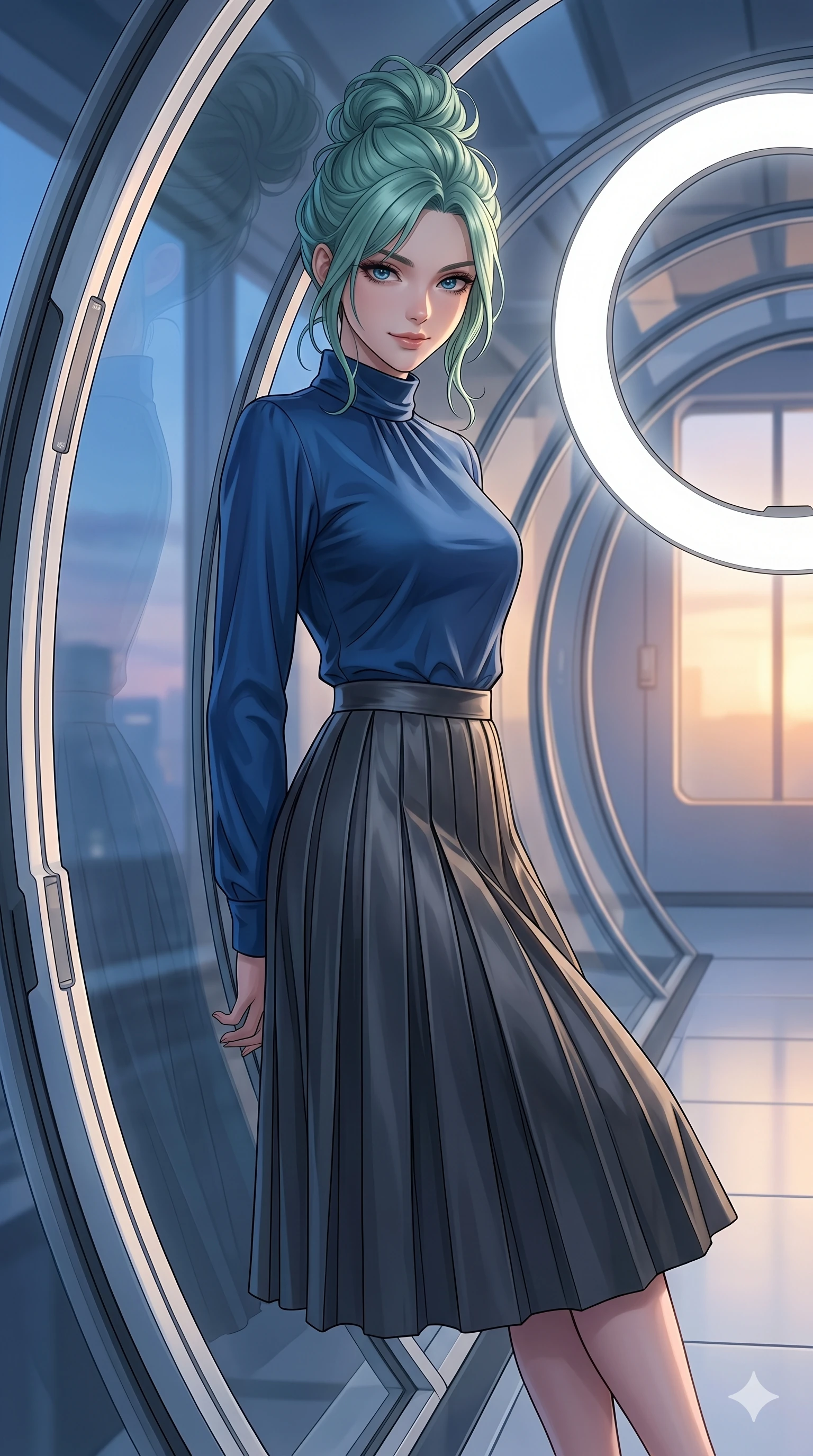 score_9, masterpiece, best quality, ultra-detailed, high-budget anime keyframe, editorial fashion photography, tasteful artistic composition, Japanese woman. cowboy shot from the thighs up, character and outfit filling the frame for maximum editorial presence. leaning against the glass tunnel wall, looking at the viewer with a mysterious smile inside a professional photo studio with a large white ring light (Code-P18-063). She has an absolutely perfect 8-heads proportion, an exceptionally tall and slender female figure with impossibly long slender legs and an ultra-slim waist. V-shaped jawline, high-bridge nose, intricate jewel-like eyes with depth, thick eyelashes, glossy lips with a natural sheen. wearing a high-neck tailored silk shirt under midi skirt. soft blue twilight glow mixed with warm window light, tracing her jawline and nose. 2k, ultra detail, master piece, 9:16 ratio
