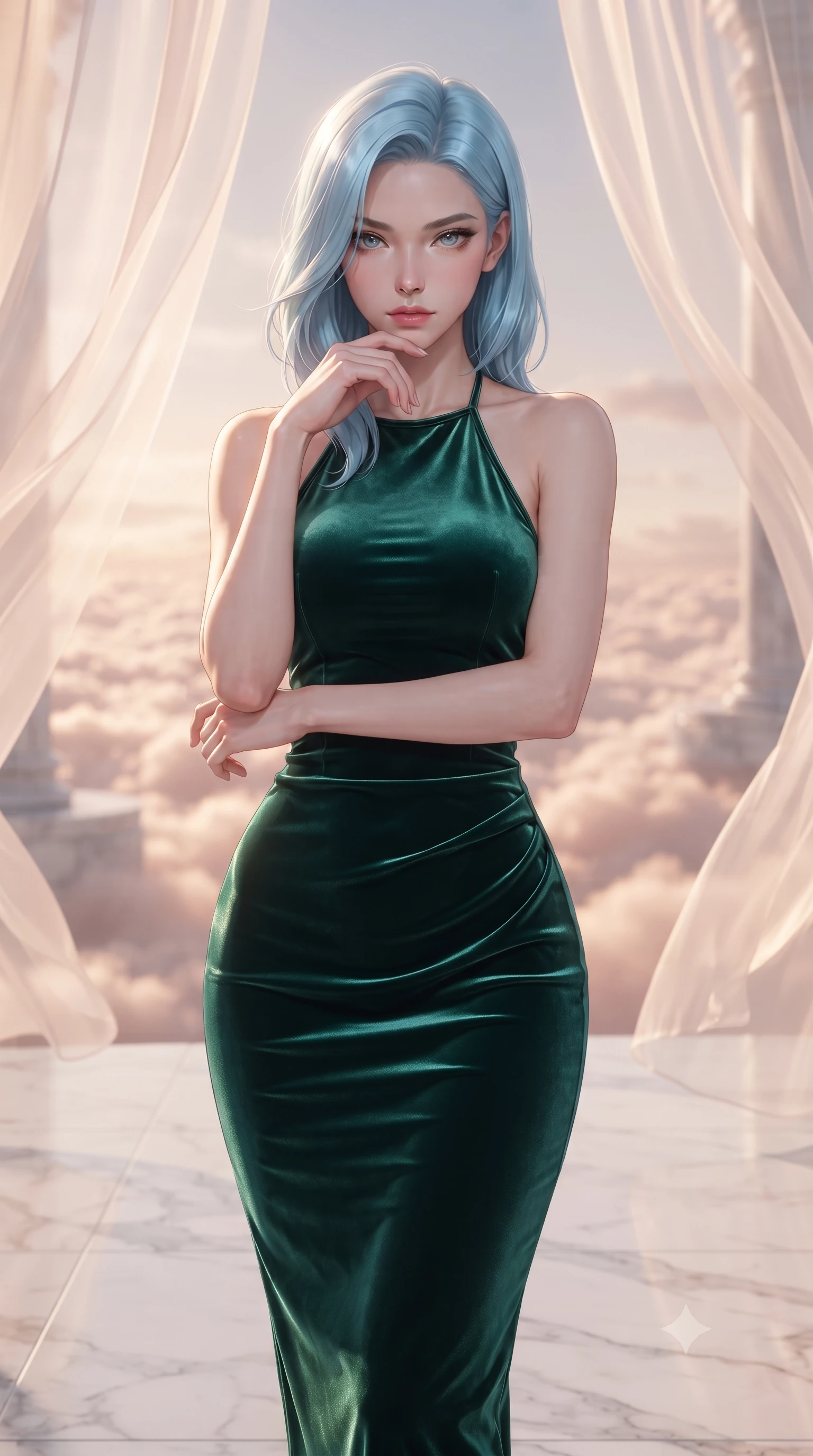 score_9, masterpiece, best quality, ultra-detailed, high-budget anime keyframe, editorial fashion photography, tasteful artistic composition, Korean woman. close-up cowboy shot from the waist and thighs up, the character dominates the composition, filling the frame with her large presence, background elements kept in soft focus. Resting her chin on the backs of her fingers, casting a sharp, mysterious gaze standing on a floating white marble terrace above a sea of rose-gold clouds, translucent silk curtains drifting lazily in a warm sky breeze. She has an exceptionally elegant, slender, and willowy female figure with an ultra-slim waist, a gracefully sculpted slender torso, and a refined silhouette. sharp v-shaped jawline, high-bridge nose, intricate jewel-like eyes with depth, thick eyelashes, glossy lips with a natural sheen. wearing a velvet halter-neck midi dress in deep emerald, following her form like a glove, the elegant draped fit framing her graceful clavicle and slender torso. surrounded by a bright, luxurious aura of warm sunshine and sky reflections. ultra-reflective glossy finish, specular highlights, metallic sheen, high-contrast stereoscopic depth, volumetric dynamic lighting, 2k, ultra detail, master piece, 9:16 ratio
